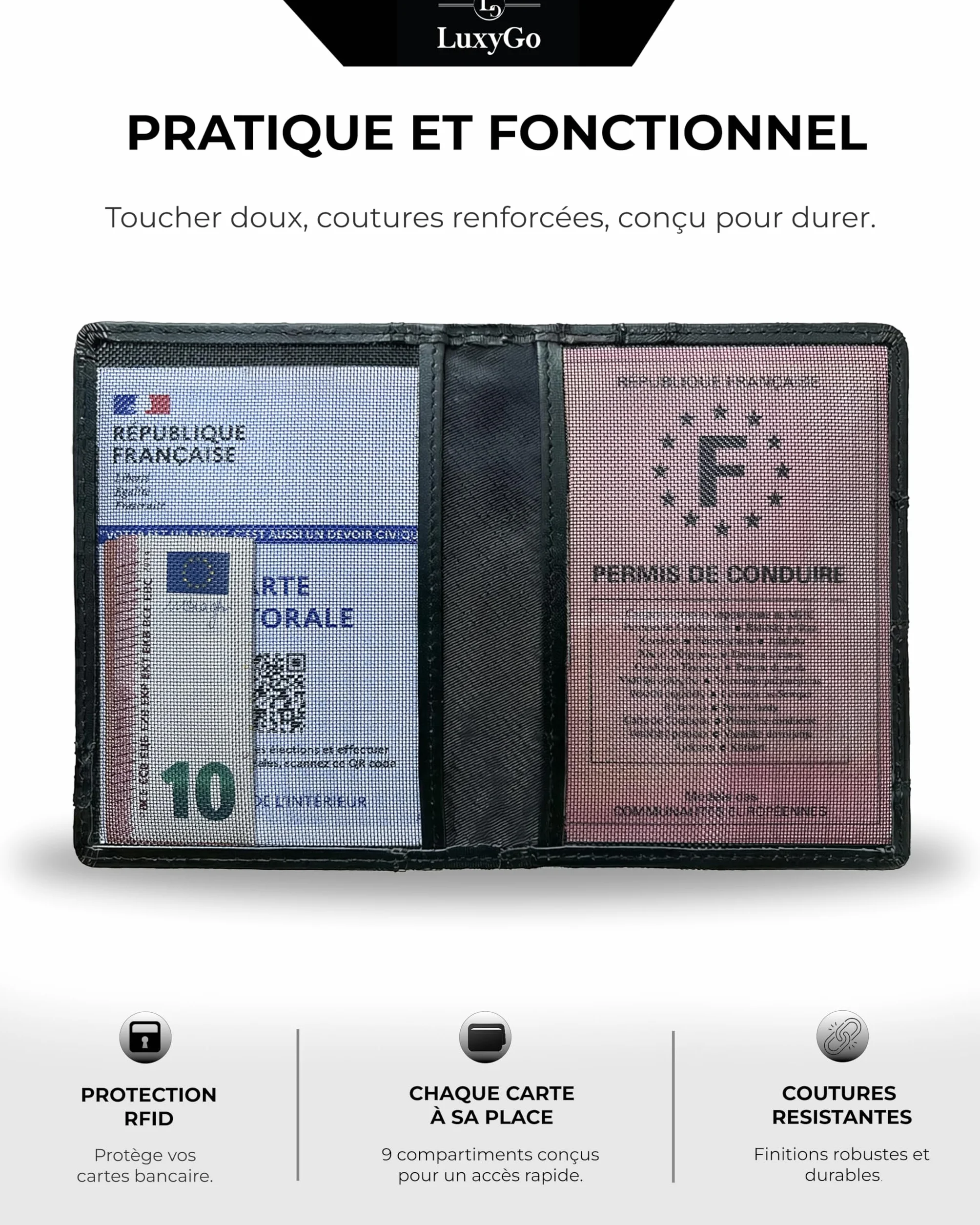 LuxyGo Porte-Cartes Cuir Véritable RFID NFC Anti-Piratage Portefeuille Slim 9 Emplacements Fenêtres ID 12x8x0,5 cm Cadeau