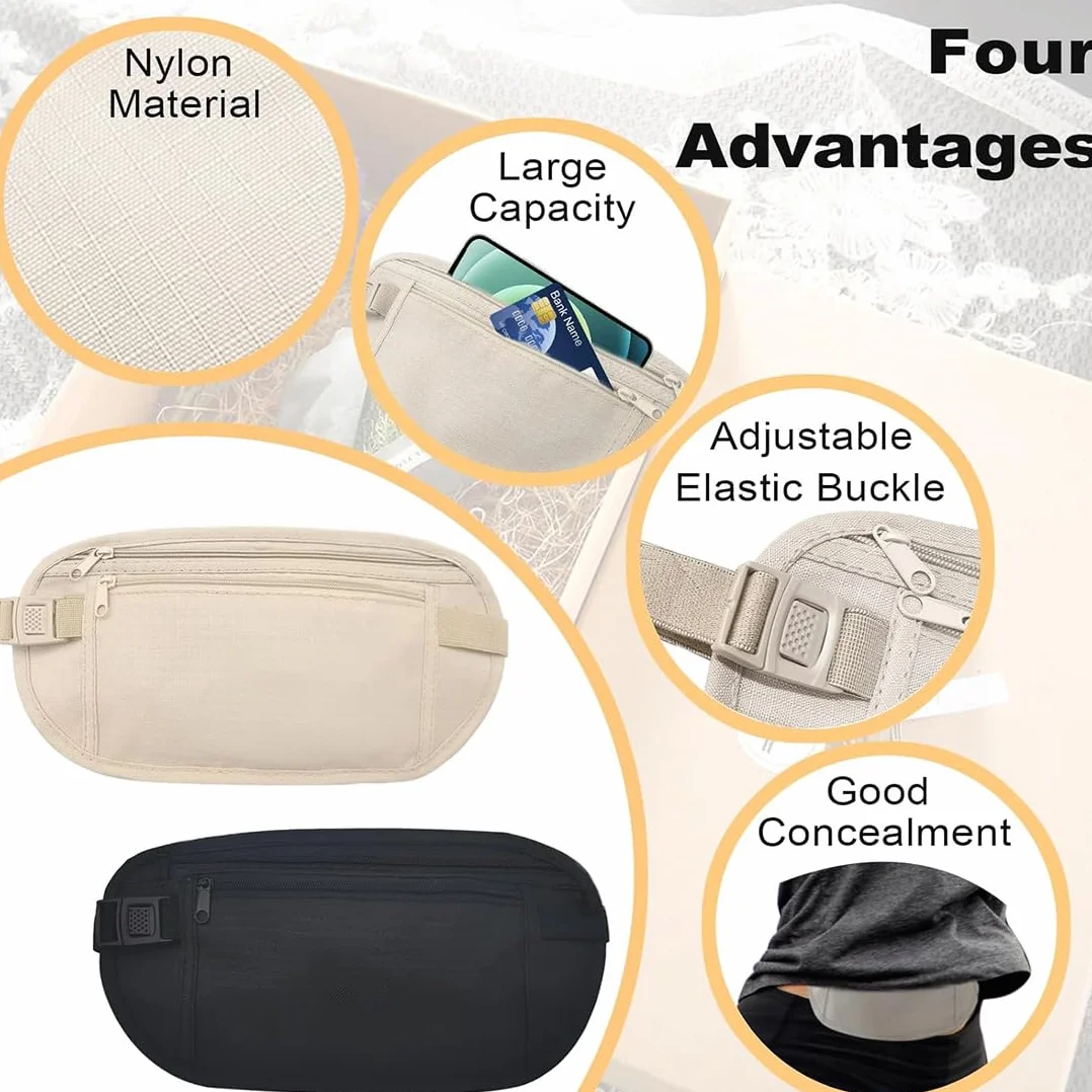 Ceinture dissimulée antivol 2 compartiments pour téléphone, argent, réglable étanche voyage
