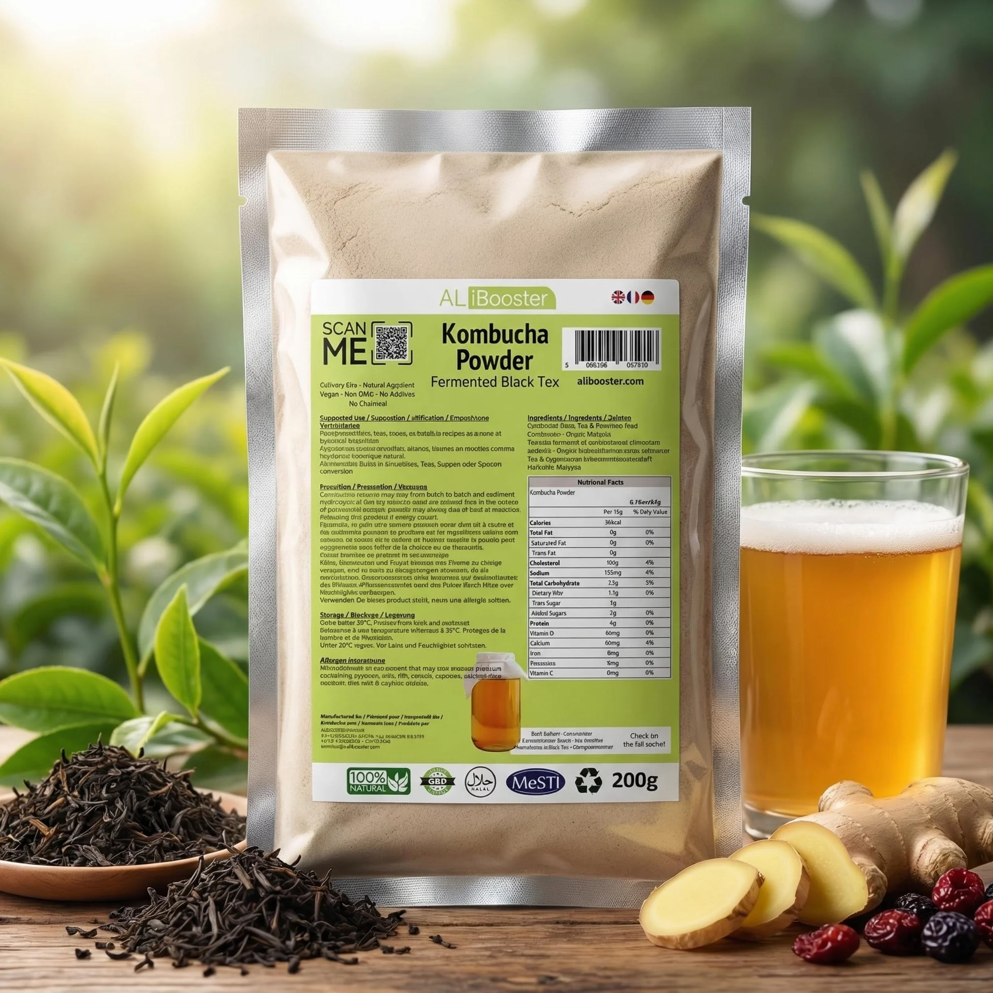 Extrait de thé noir fermenté Camellia sinensis Kombucha - Poudre 200g pur 100% naturel sans additif - Pour soupe, smoothies, café, boissons, pâtisseries