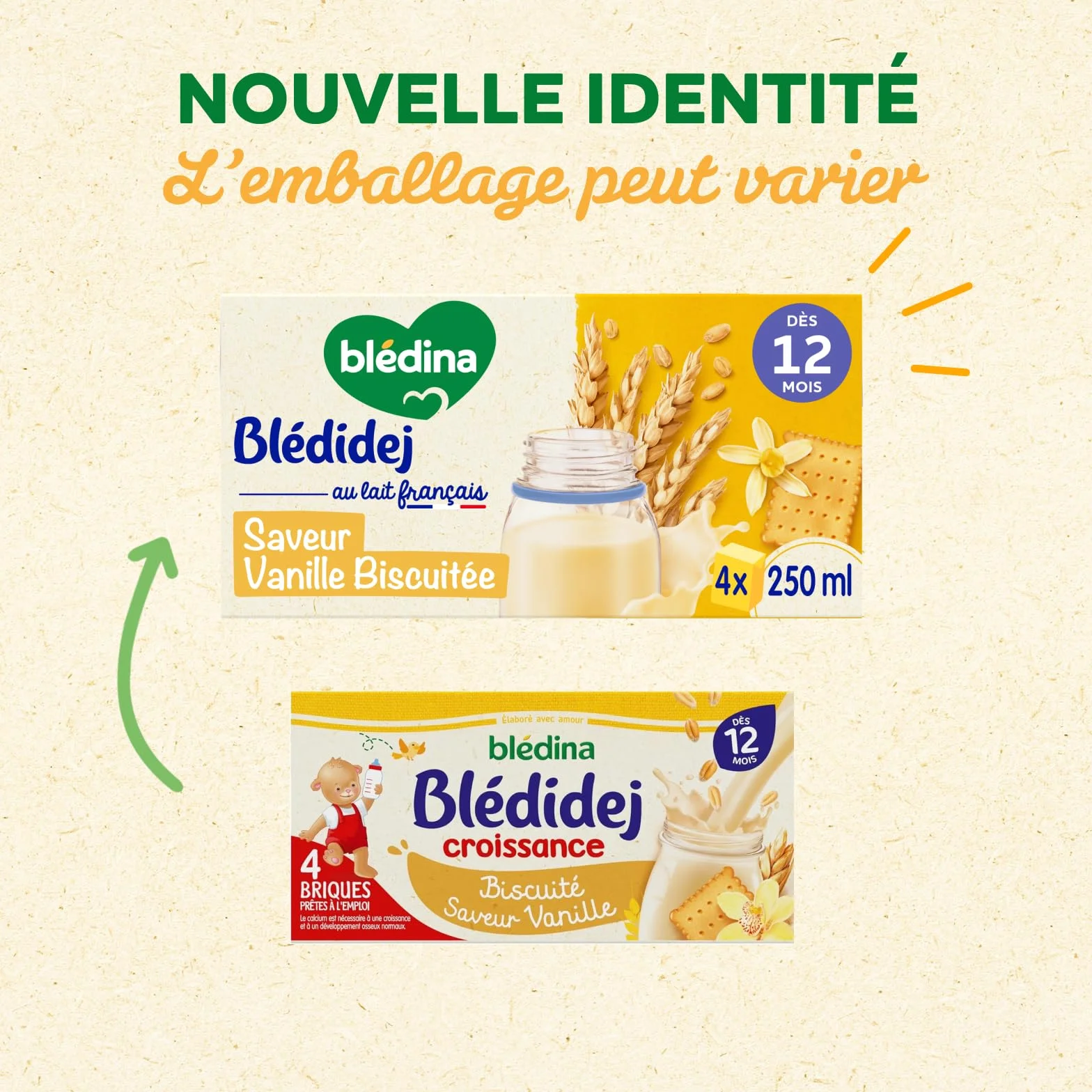 Blédina Blédidej Céréales bébé Biscuité Saveur Vanille Dès 12 Mois Lait bébé petit-déjeuner Calcium Vitamine C Fer Oméga 3 Format Pratique 12x250 mL