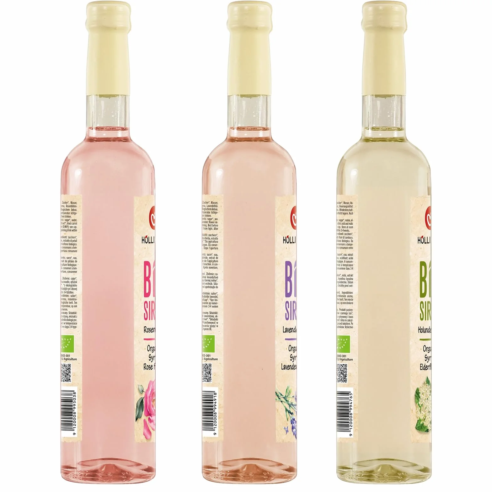 Höllinger Bio Sirop Floral, Lot de 3 Bouteilles en Verre de 500ml, Fleurs de Sureau, Rose et Lavande, Sirop Biologique Sans Alcool, Dilution 1:9
