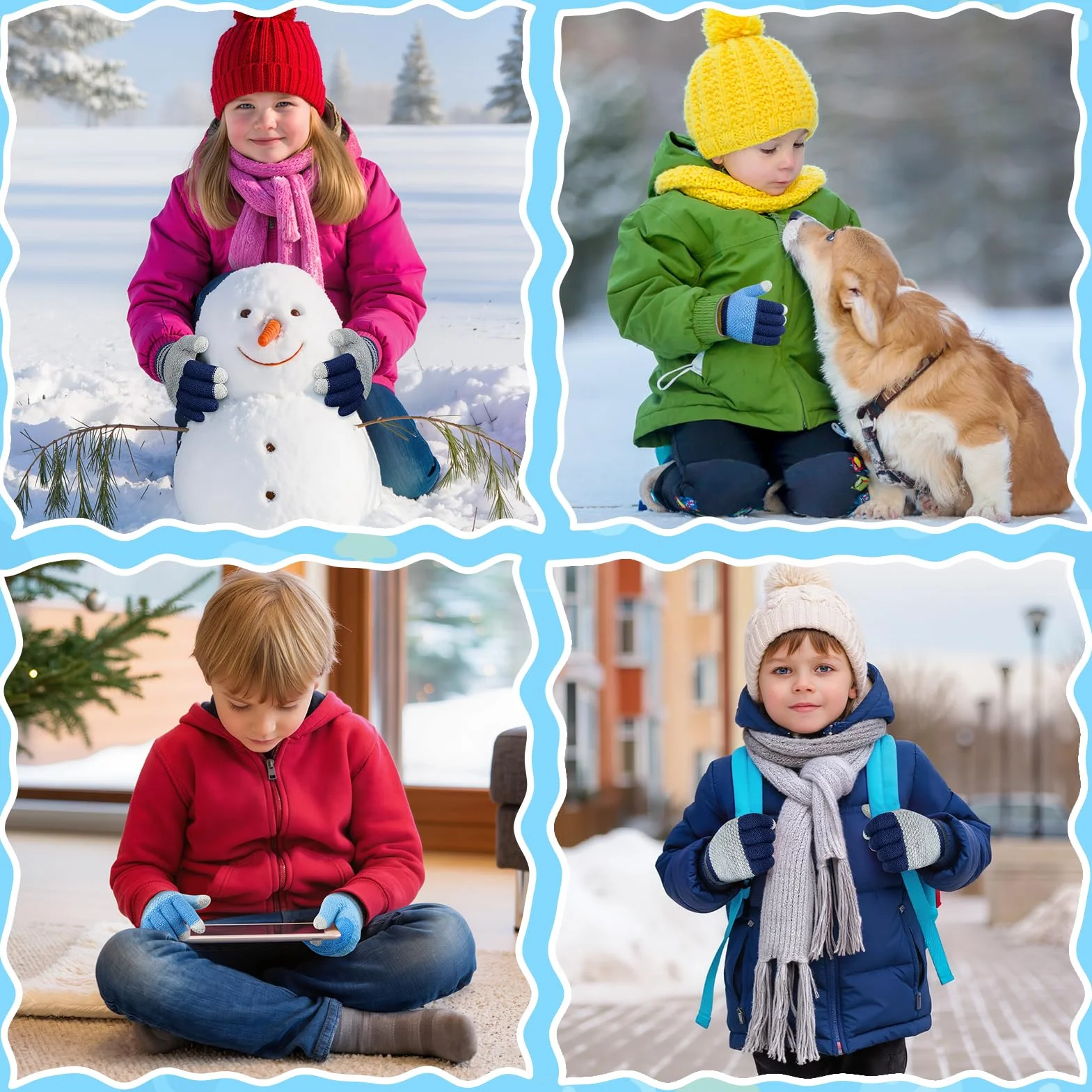 Kiiwah 3 Paires Gants Tricotés Chauds pour Enfants, Doigts Complets Thermique, Garçons 7-9 Ans (Bleu, Marine, Gris)