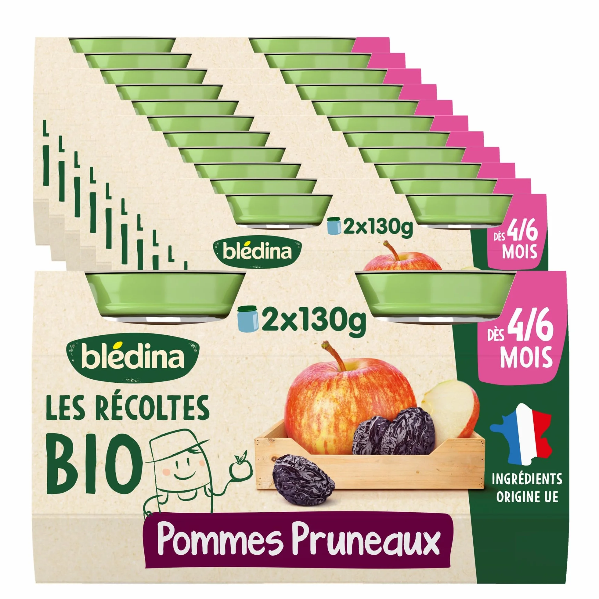 Blédina Les Récoltes Bio, Petits pots bébé Bio dès 4/6 Mois, Pommes Pruneaux, 2x130g (Packx12)