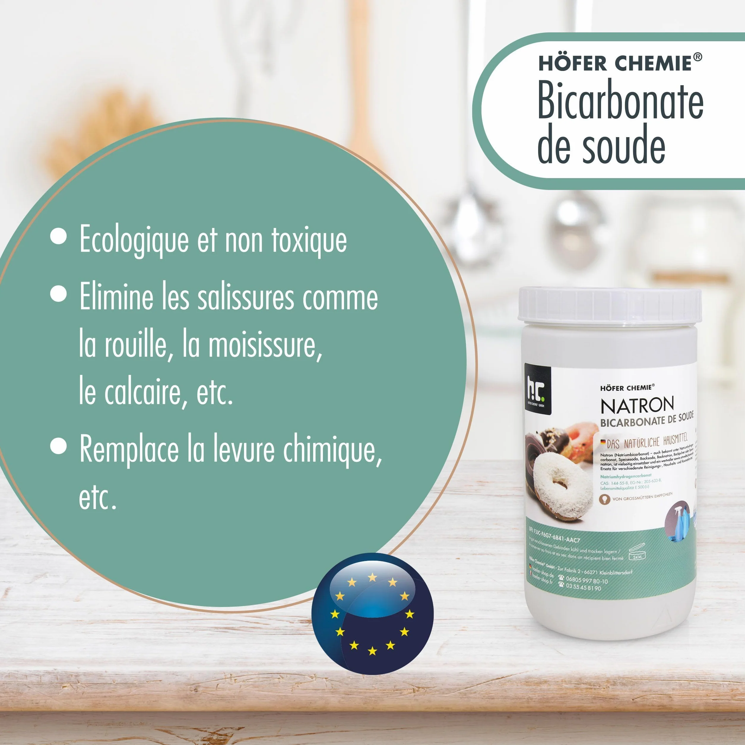 Höfer Chemie 1 X 25 Kg de Bicarbonate de Sodium (Soude) en Qualité Alimentaire - Utilisation Polyvalente pour Cuisine, Nettoyage, Beauté, et Plus