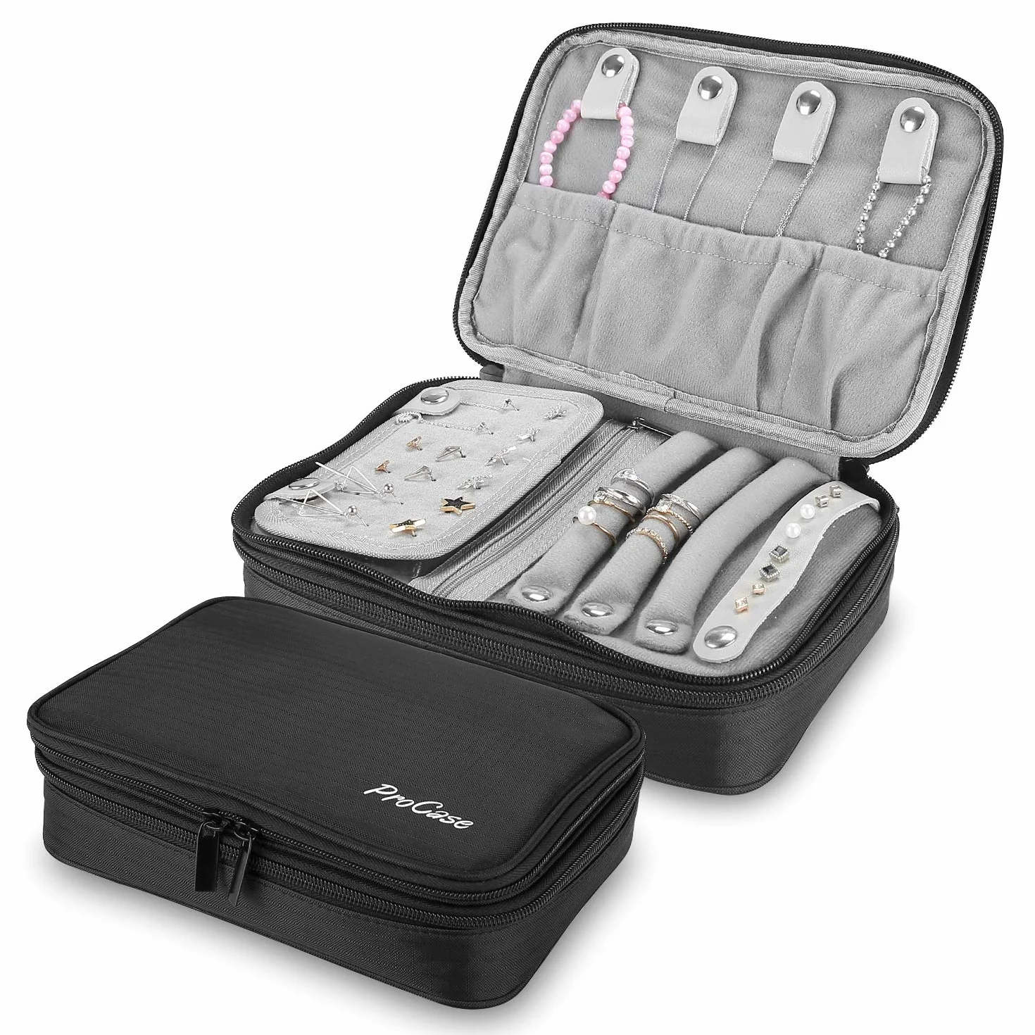 ProCase Trousse à Bijoux de Voyage, Boîte de Rangement Double Couche, pour Bagues, Boucles d'oreilles, Colliers, Noir