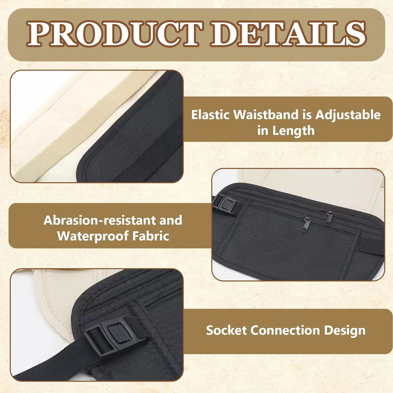 Ceinture d'argent avec Blocage RFID, Sac Banane Antivol Voyage pour Passeport Carte de Crédit (Beige, Noir)