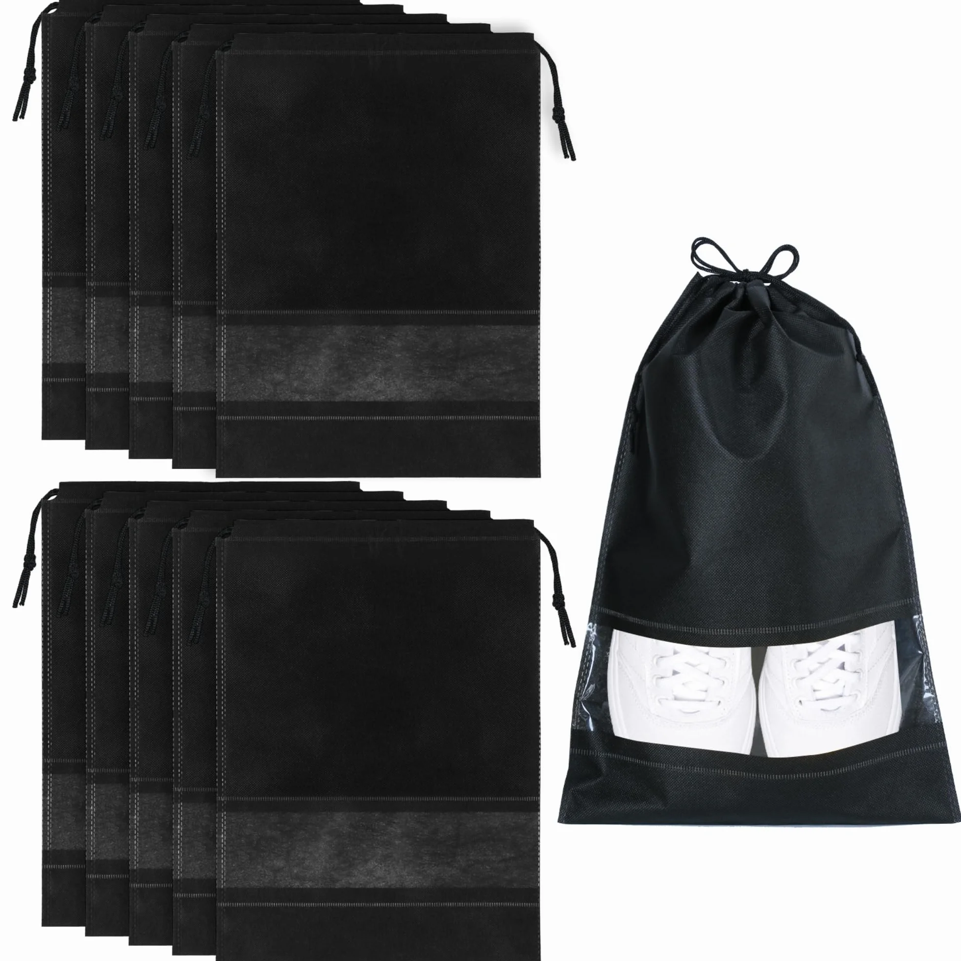 Sacs à Chaussures de Voyage Étanches, Grand Organisateur de Rangement avec Cordon de Serrage et Fente Transparente, 10 Pièces, Noir