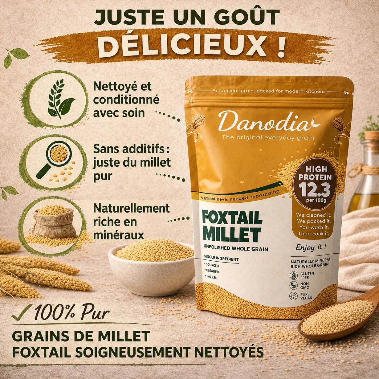 Danodia Foods Millet Queue-de-Renard Entier 950 g / 2 lb | Foxtail Millet décortiqué et non poli | Céréale sans gluten cultivée en Inde | Pour bols, porridge, accompagnements et recettes maison