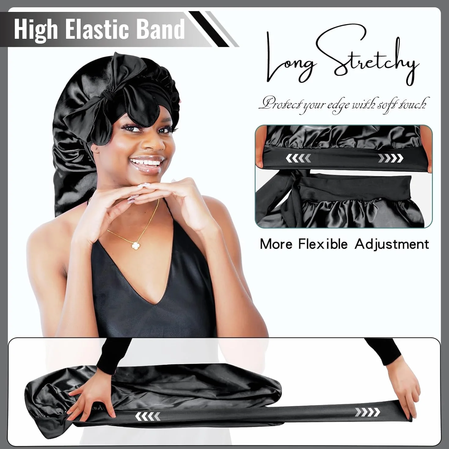 BONNET QUEEN Bonnet Satin Cheveux Longs Nuit Anti-Glisse avec Long Bandeau Réglable, Protection Anti-Frisottis pour Cheveux Très Longs, Noir