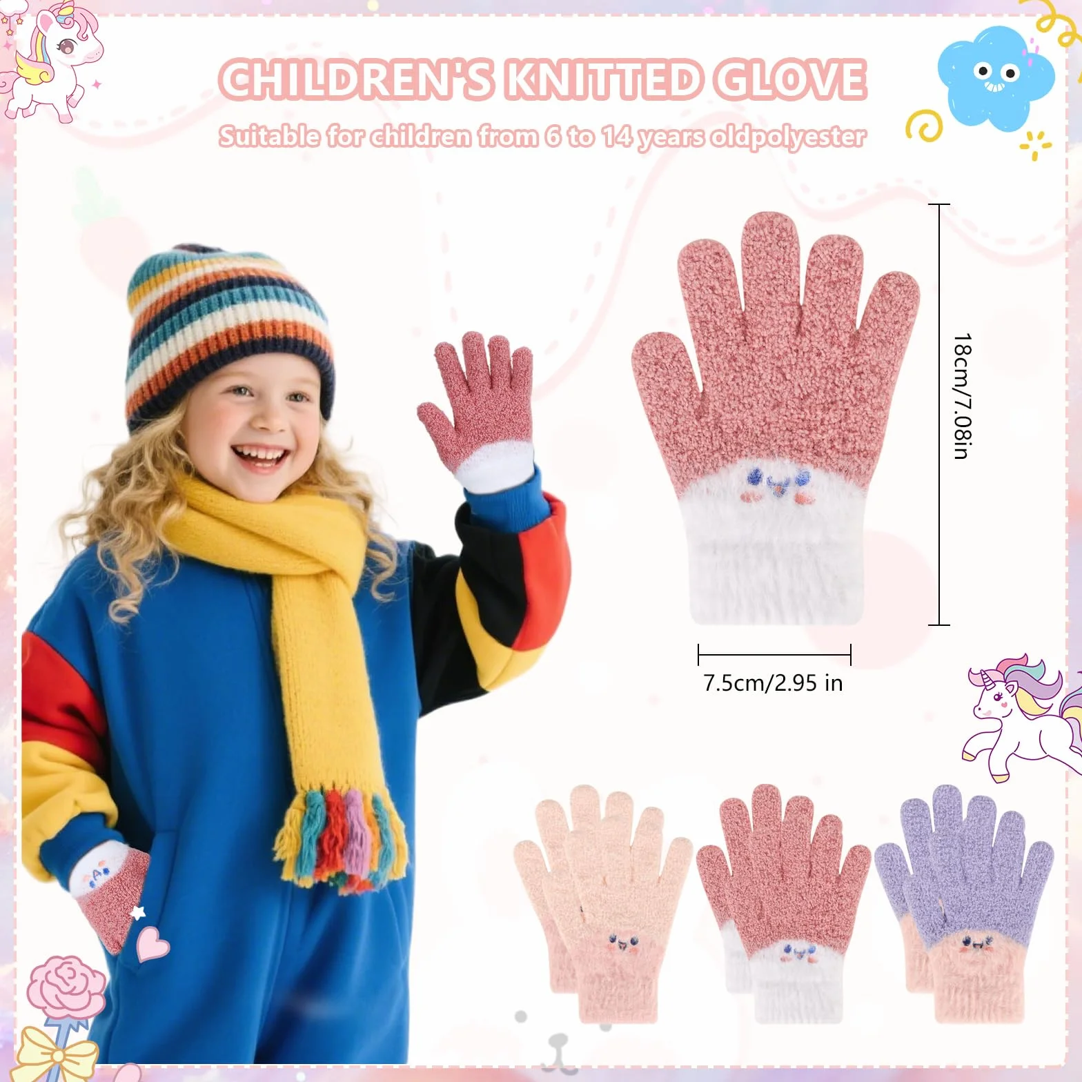 QKURT Lot de 3 paires gants magiques enfants tricotés chauds élastiques mitaines hiver 6-14 ans