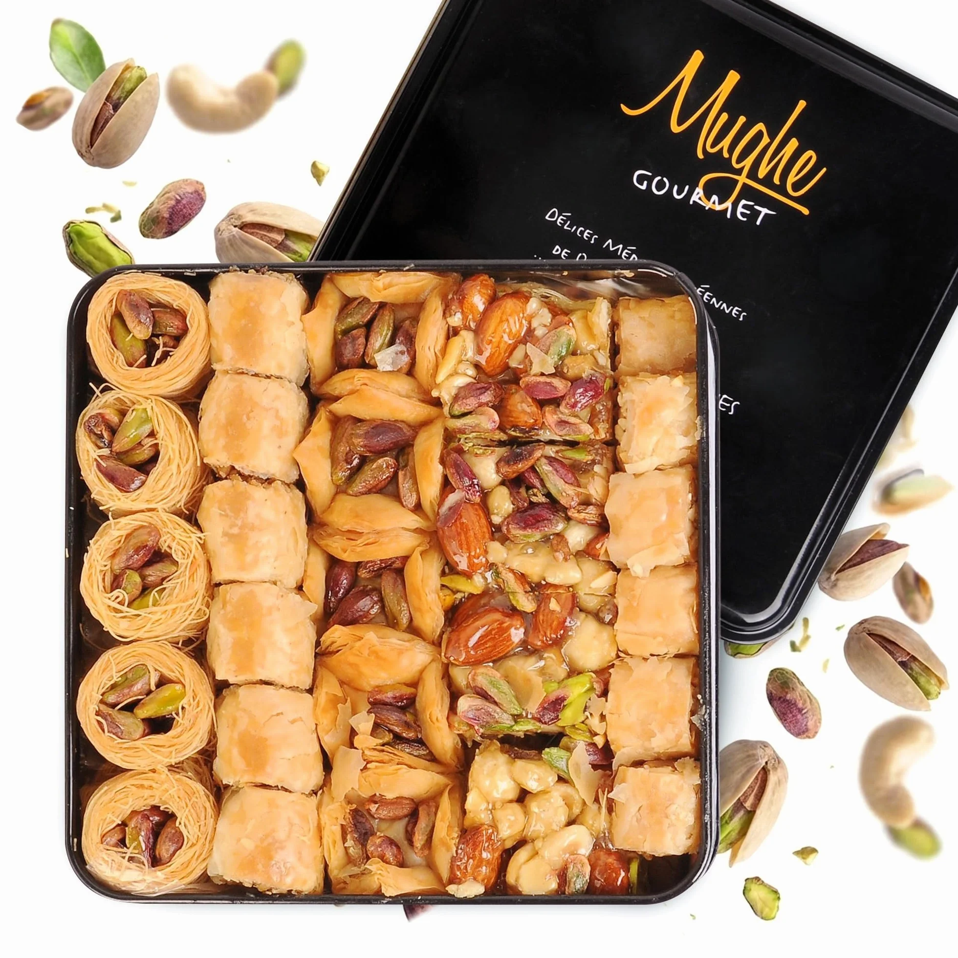 Mughe Gourmet Baklava Pistache 750g, Boîte Métallique Cadeau Double Couche | Baklawa Pistache 750g Double Couche Boîte Métallique Cadeau Luxe Halal