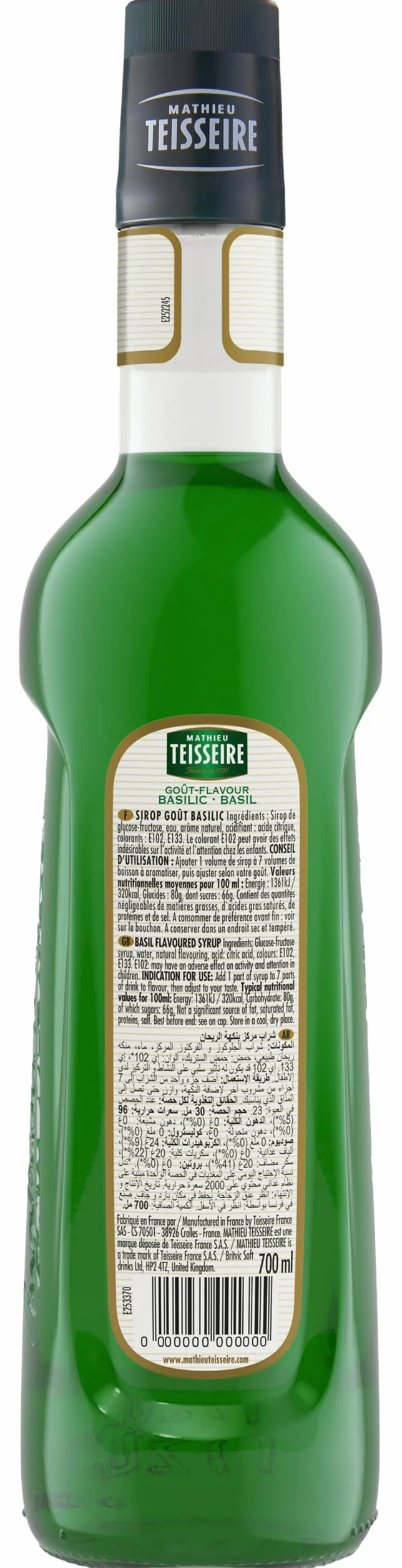Sirop de basilic Mathieu Teisseire, pour boissons, Mojito, cocktails avec ou sans alcool, sodas, thés, bouteille de 70cl