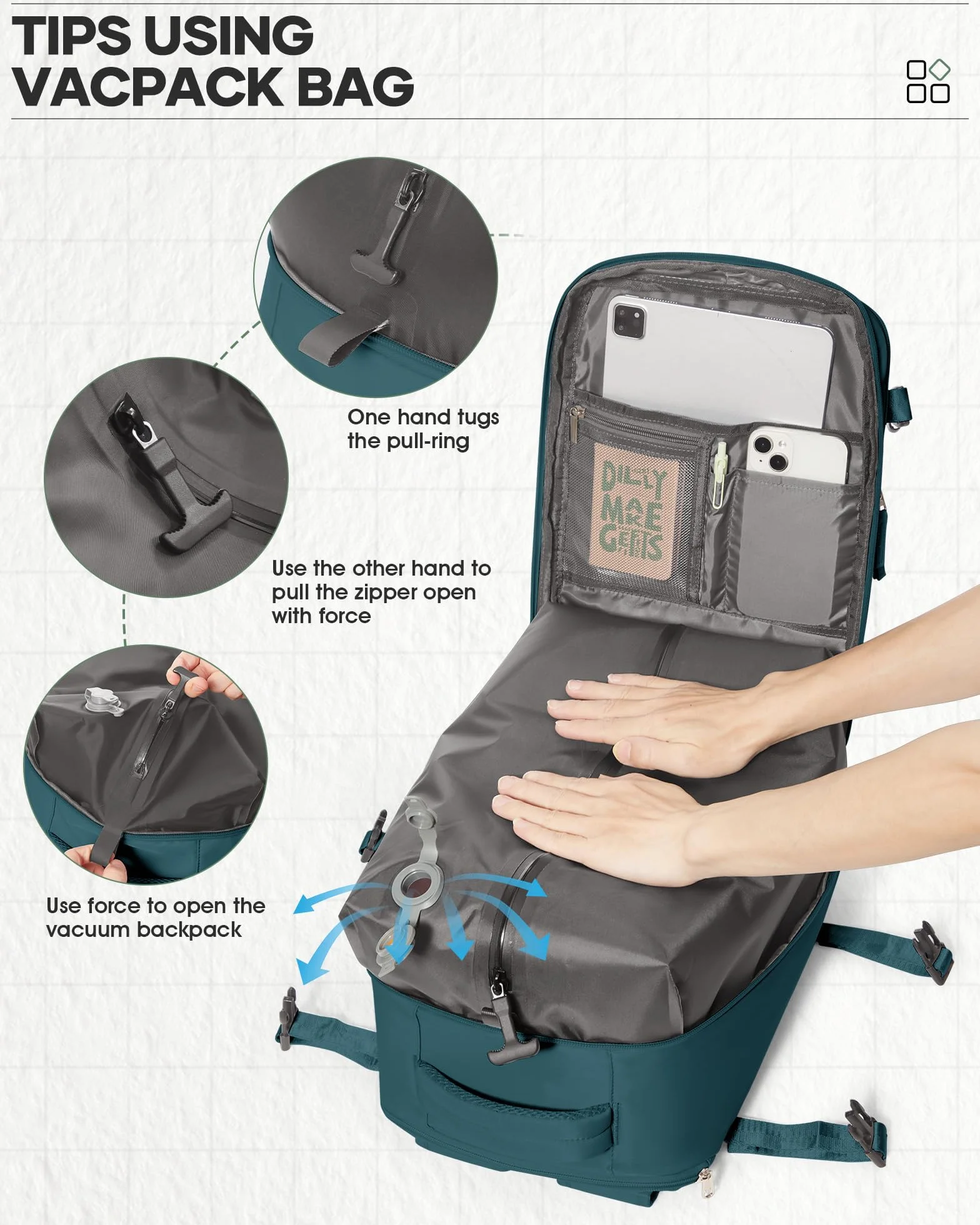 WEFLIER Sac à Dos de Compression Voyage 45×36×20 sous vide Imperméable Bleu