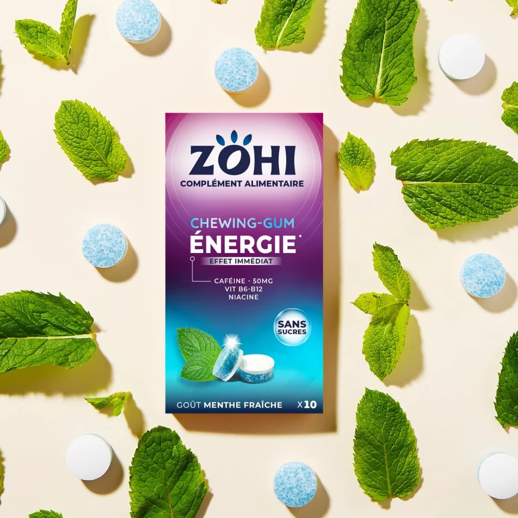 ZOHI Chewing-gum sans sucres avec actifs - Boost Energie - Goût menthe fraîche - Complément alimentaire avec édulcorants - Boîte de 12 plaquettes de 10 chewing-gums