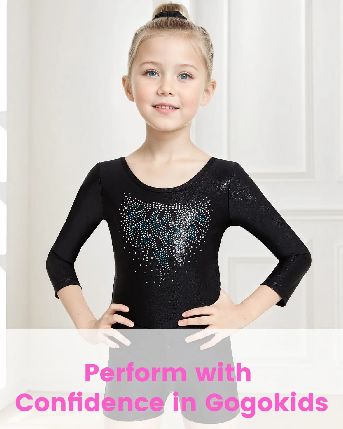 Gogokids Maillots de Gymnastique Trois Pièces pour Filles, Ensemble à Manches Longues avec Short et Bandeau, Justaucorps Brillant Dégradé 3-12 Ans