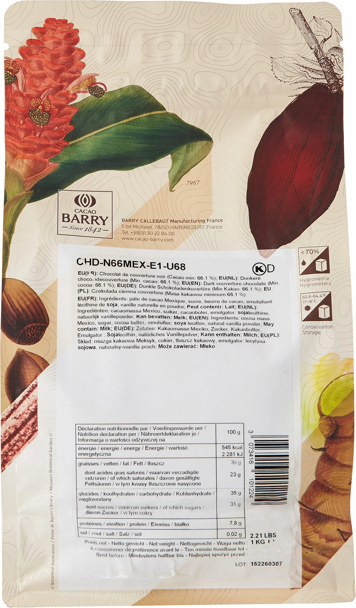 CACAO BARRY 66% Min Cacao Chocolat Mexique Pistoles 1 kg