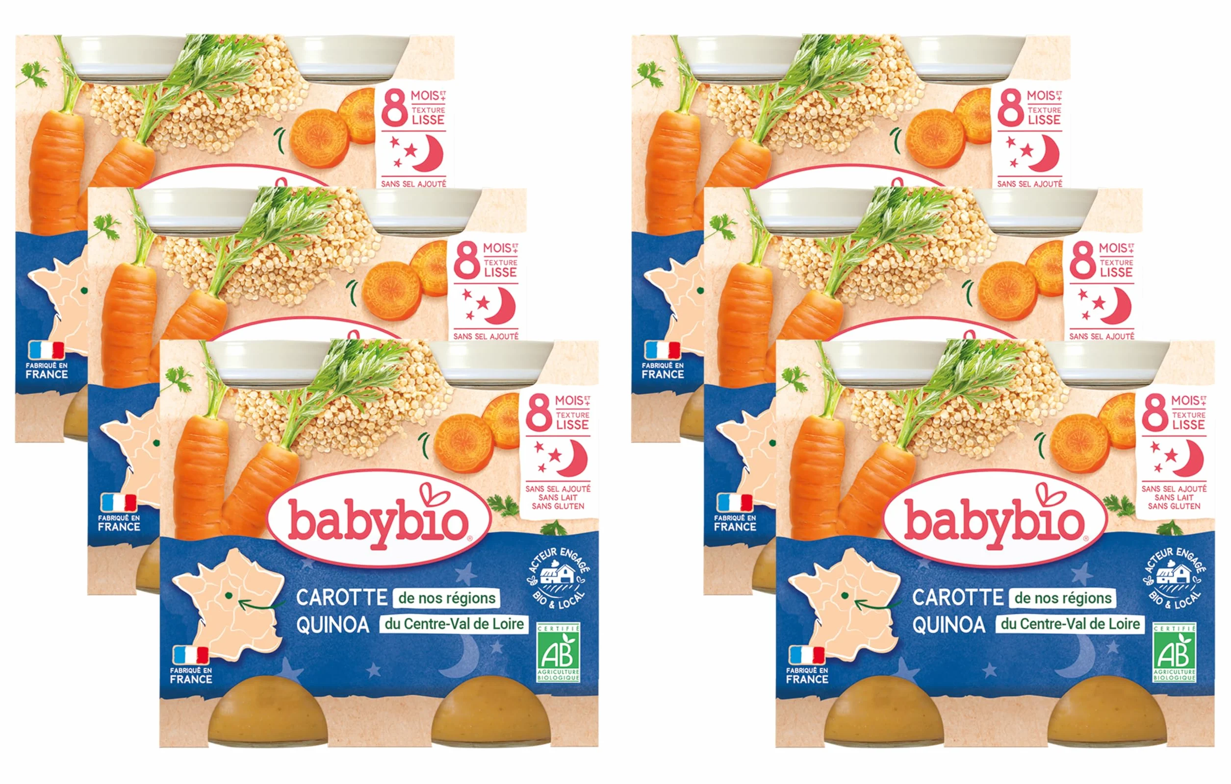 Babybio - Bonne Nuit - Petits Pots Mouliné de Carotte des Landes Quinoa 2x200 g - PACK de 6 - 8 Mois - BIO