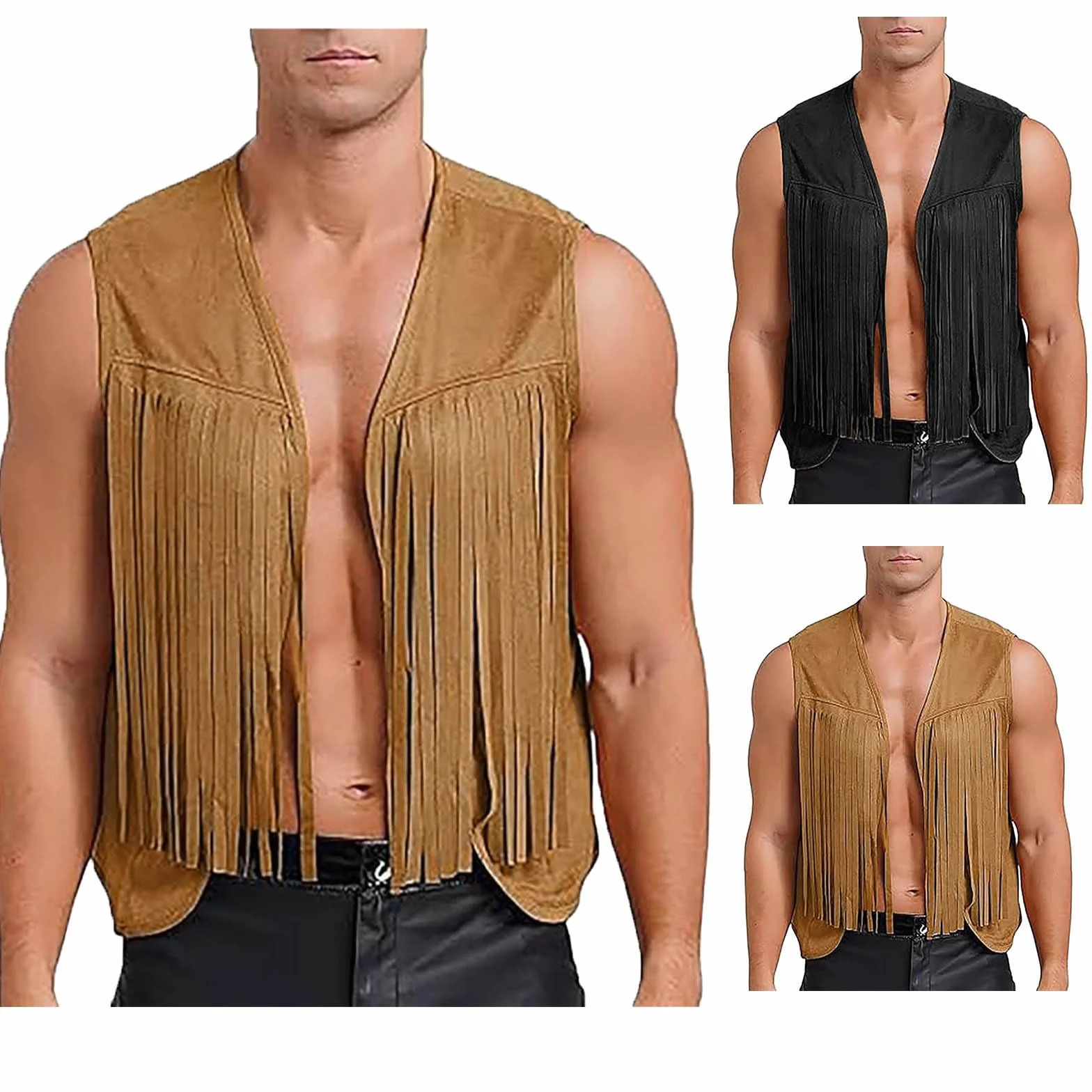Gilet de cowboy sans manches en daim pour homme - Gilet à franges rétro bohème hippie - Costume de carnaval