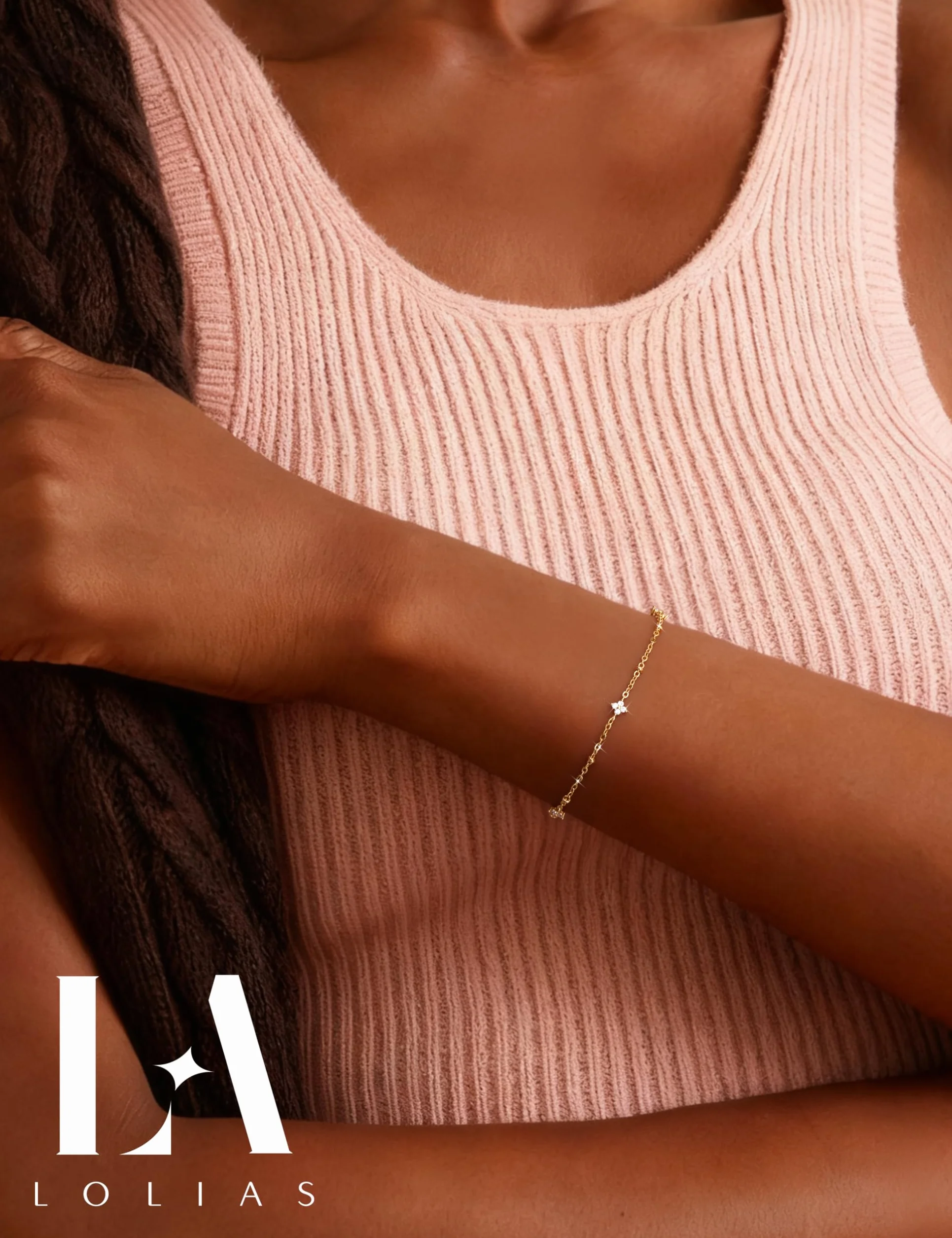 LOLIAS Bracelet Femme Argent 925 Trèfle 4 Feuilles Réglable Plaqué Or 14K Perle Boules Bijoux Cadeau 16cm+5cm