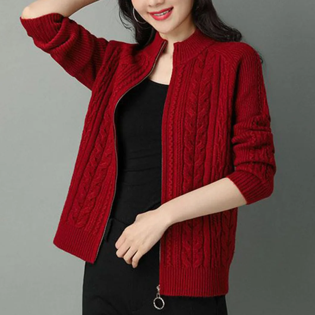 Cardigan Tricoté Femmes Demi-Col Haut Fermeture Éclair Manches Longues