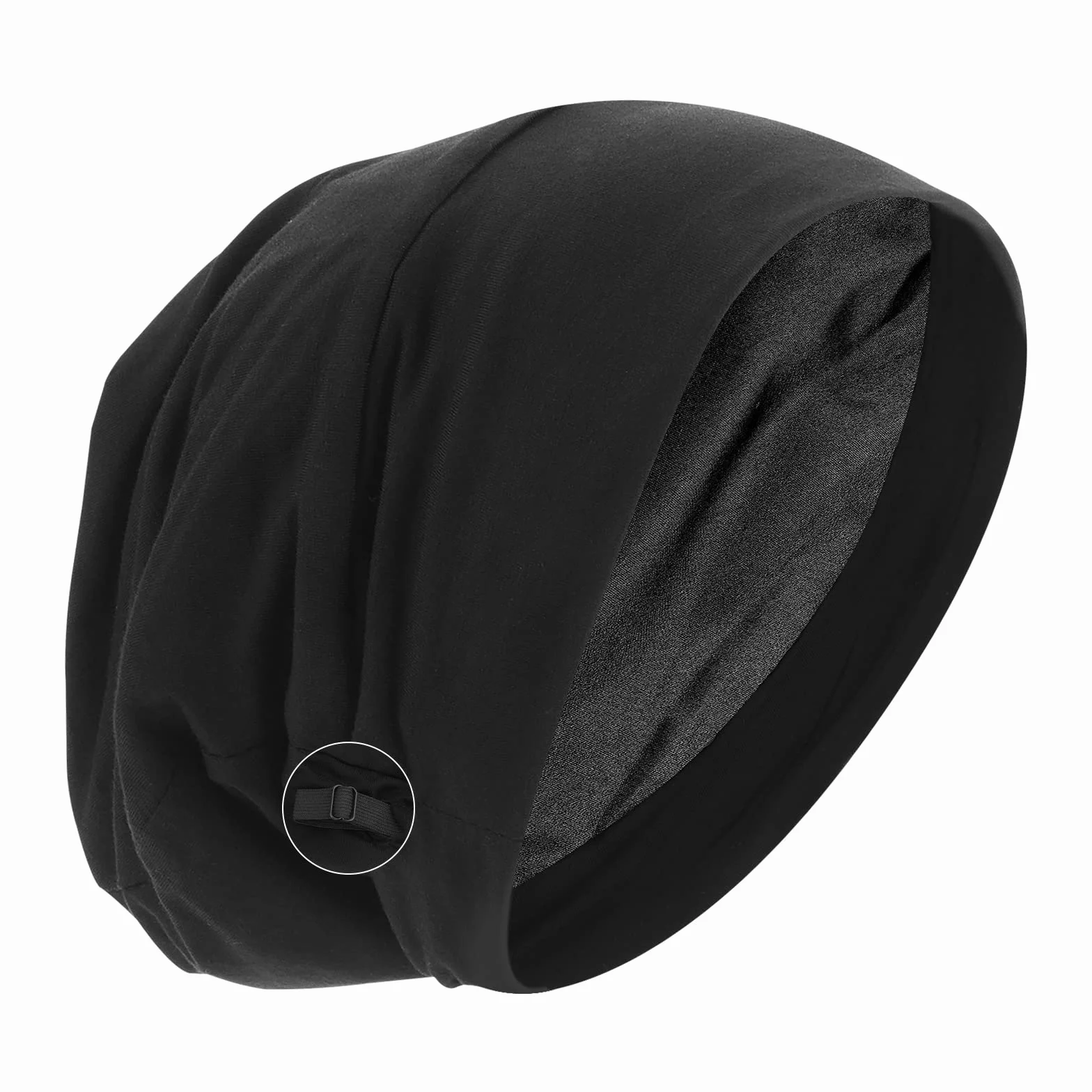 Bonnet de nuit en satin réglable avec doublure en soie - Noir