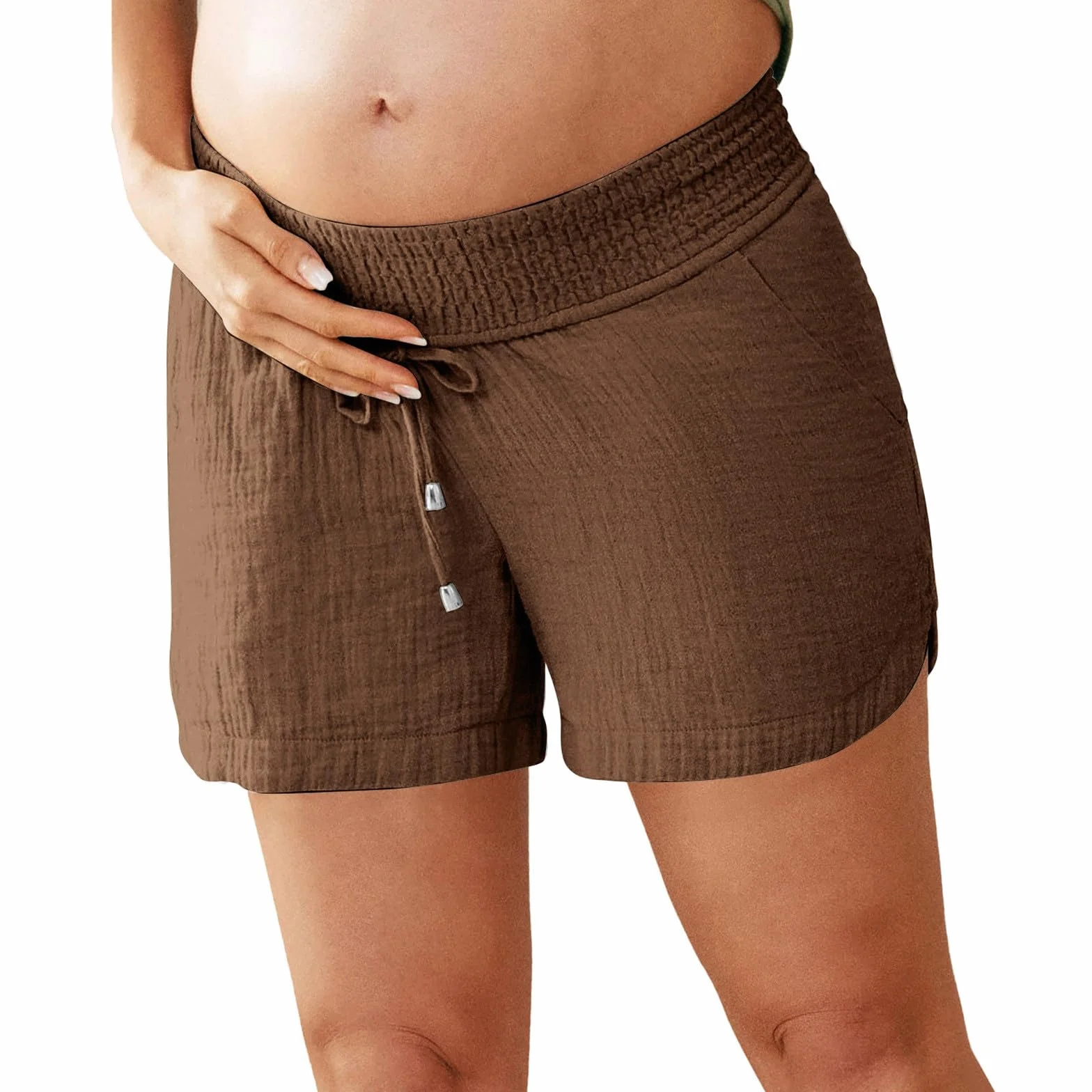 Short de grossesse en coton et lin pantalon maternité taille élastique poches