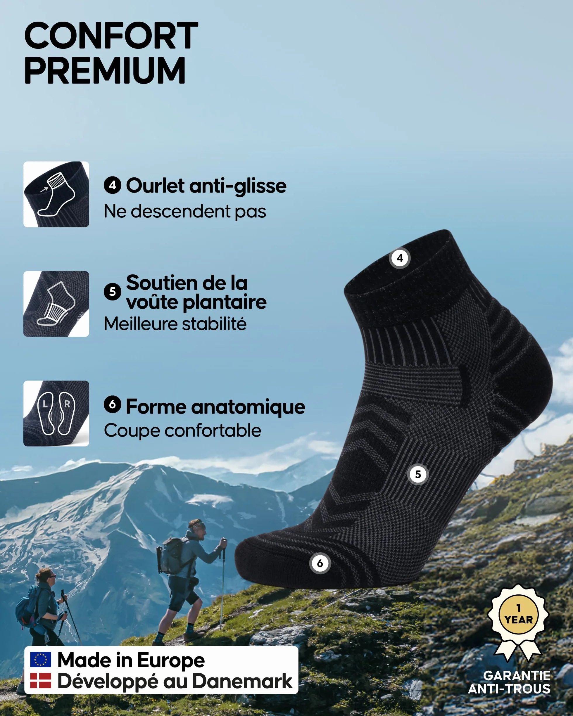 DANISH ENDURANCE Chaussettes de Randonnée en Laine Mérinos Légères, Anti-blister, Lot de 3