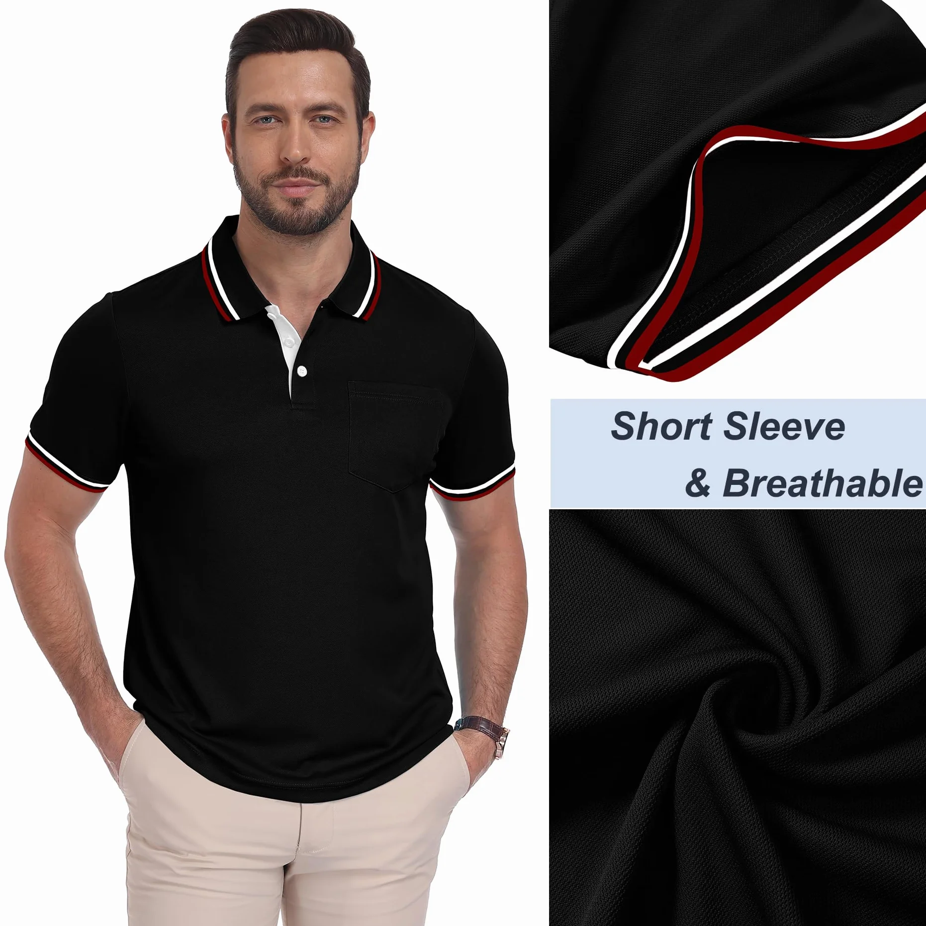 ZITY Lot de 3 Polo Homme Manches Courtes Léger T Shirt Boutons Respirant