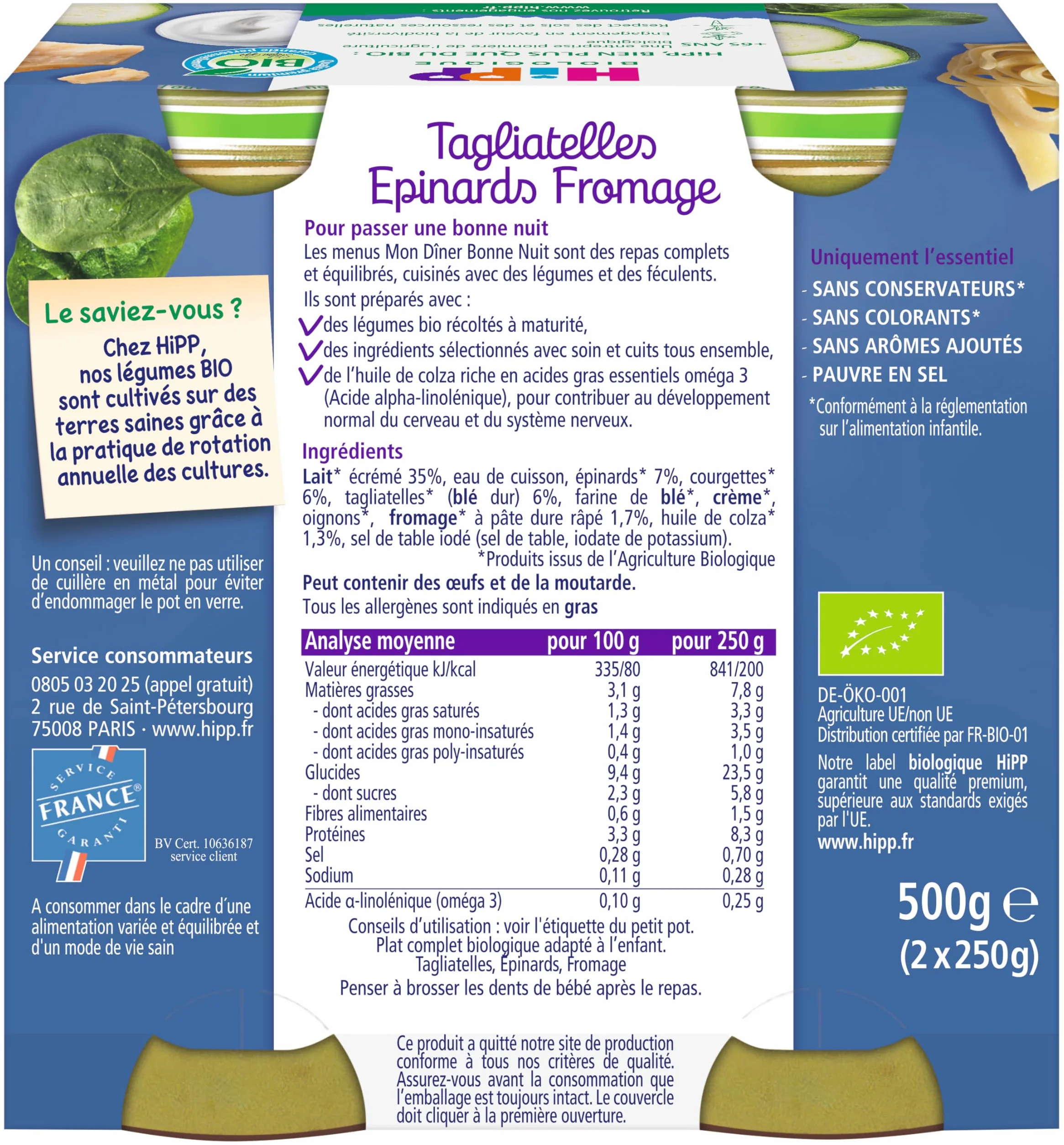 HiPP - Mon Dîner Bonne Nuit - Tagliatelles Epinards Fromage - Pots 2x250g - Lot de 6 - BIOLOGIQUE