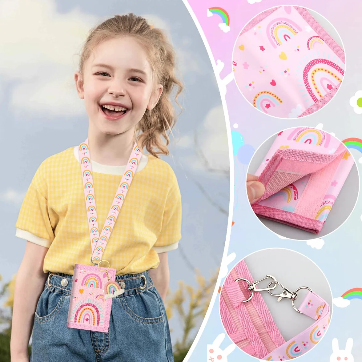 Portefeuille Enfant Arc-en-Ciel Nylon Porte-Carte Tour de Cou avec Compartiment Billets Poche à Pièces Cadeau 4-12 Ans