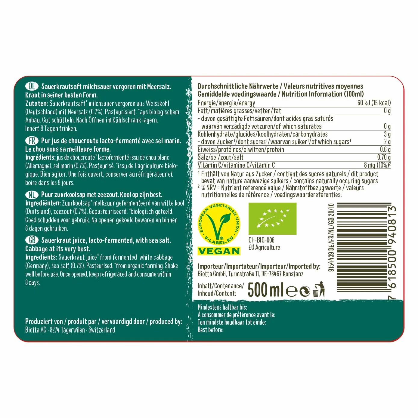 A.VOGEL BIOTTA - Jus de Choucroute lacto-fermenté - Favorise la digestion - Légumes frais - A base de chou blanc bio et de sel marin - Actifs végétaux 100% bio et vegan - Vitamine C - 500ml- Lot de 3