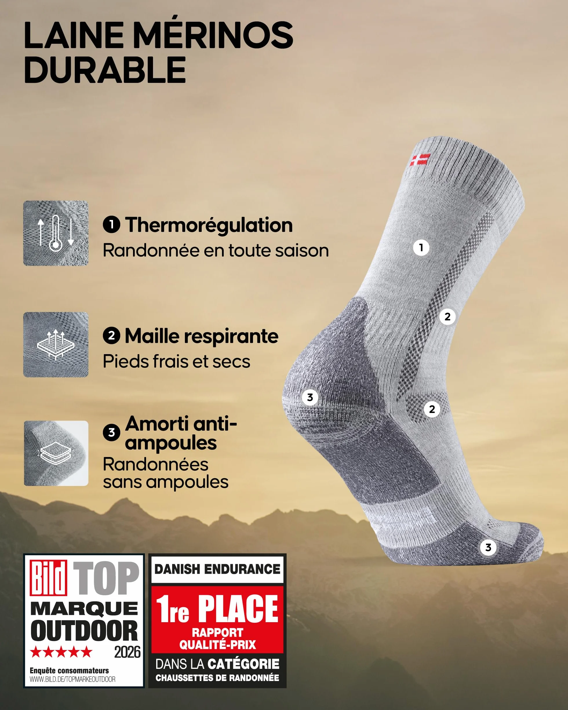 DANISH ENDURANCE Chaussettes de Randonnée en Laine Mérinos Respirante Anti-blisters Lot de 3