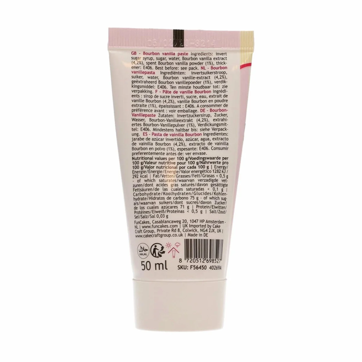FunCakes Bourbon Pâte de Vanille Tube 50 ml - Arôme de Pâtisserie Classique, Véritable Vanille pour Crèmes, Gâteaux, Glaçages, Biscuits, Tartes - Halal, Adapté aux Végétariens et aux Végétaliens