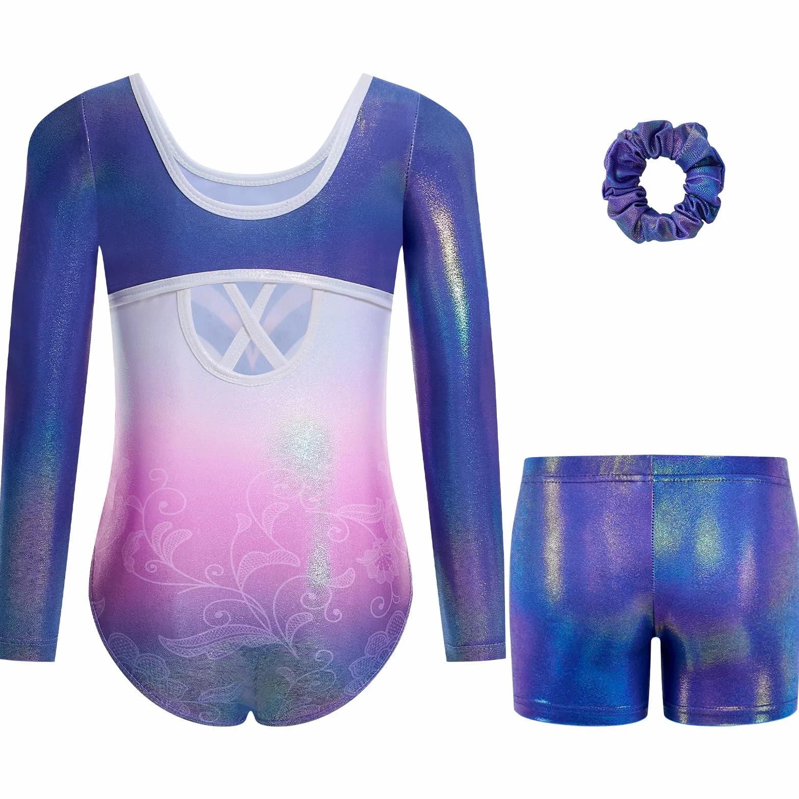 Ensemble de Justaucorps de Gymnastique 3 Pièces pour Filles avec Sequins Dégradés, Unitards de Ballet 3-12 Ans