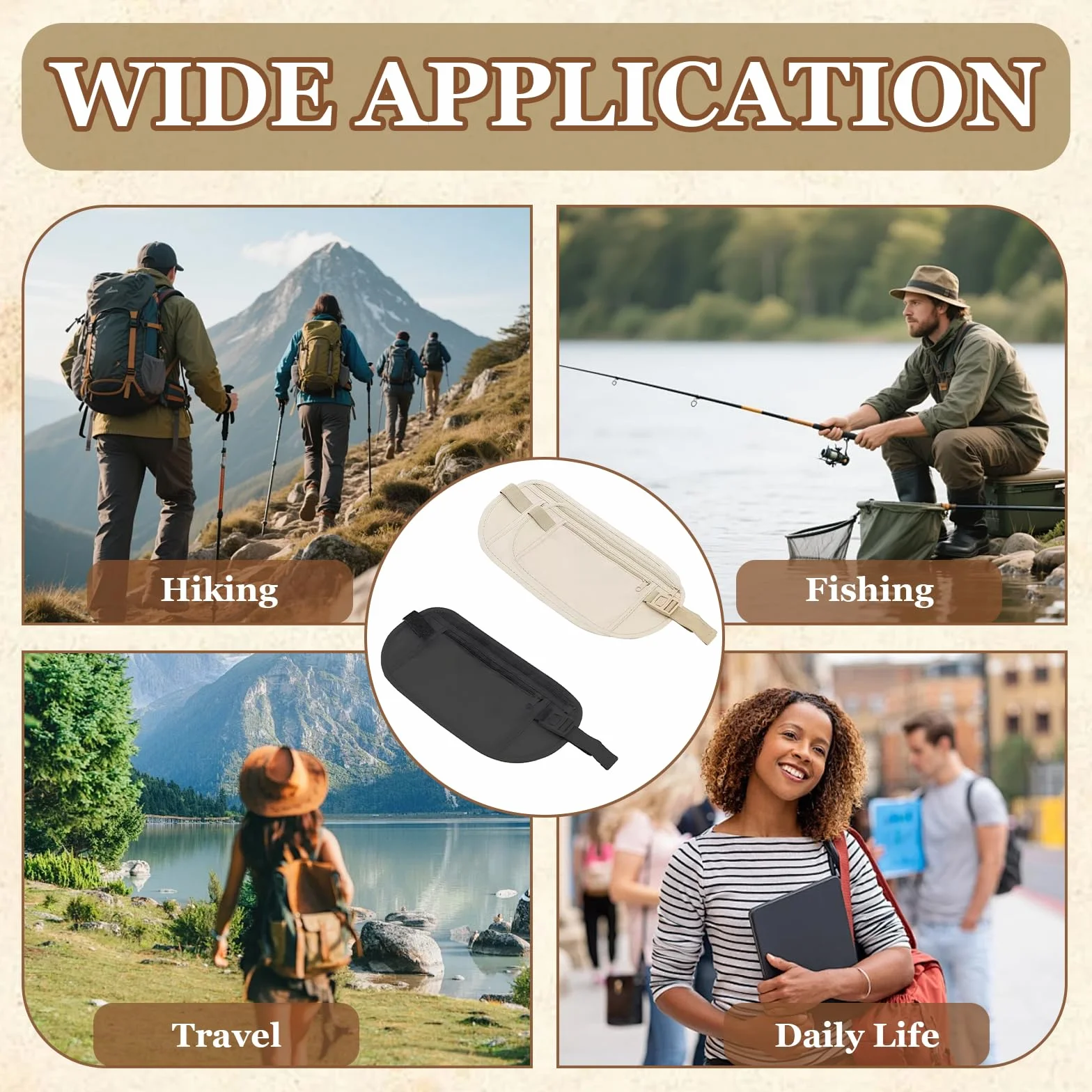 Ceinture d'argent avec Blocage RFID, Sac Banane Antivol Voyage pour Passeport Carte de Crédit (Beige, Noir)