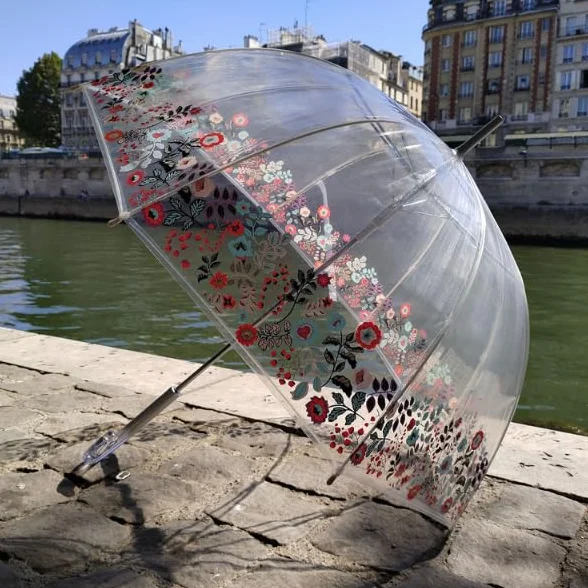 SMATI Parapluie Long Transparent Forme Cloche Solide Ouverture Automatique 85cm Poignée Transparente Femme Dentelle Colorée