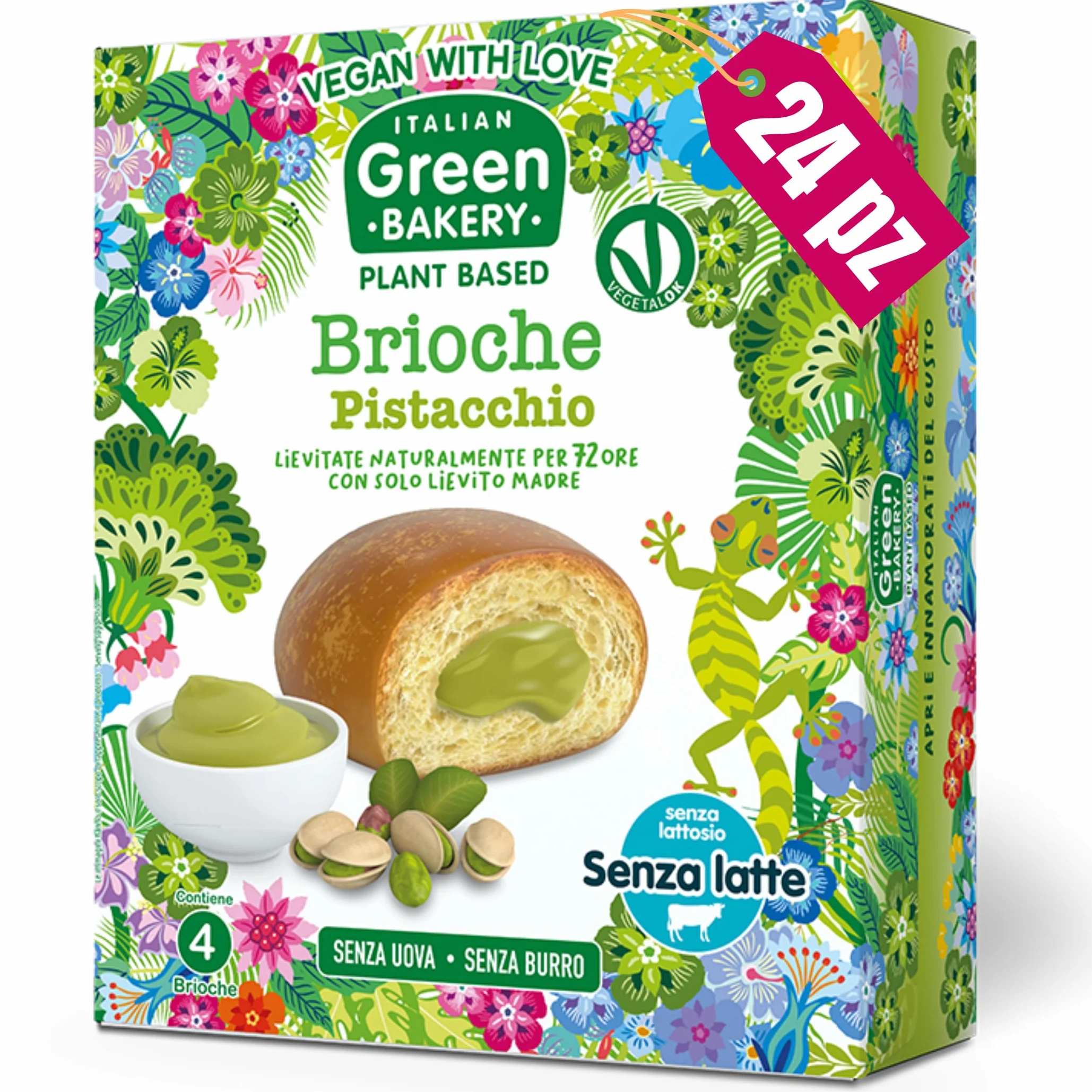 Brioches véganes garnies à la Crème de Pistache, Sans Lait ni Œufs, En-cas artisanaux Plant Based au Levain, 45 g x 24 pcs (6 Paquets) - Vegan With Love Italian Green Bakery