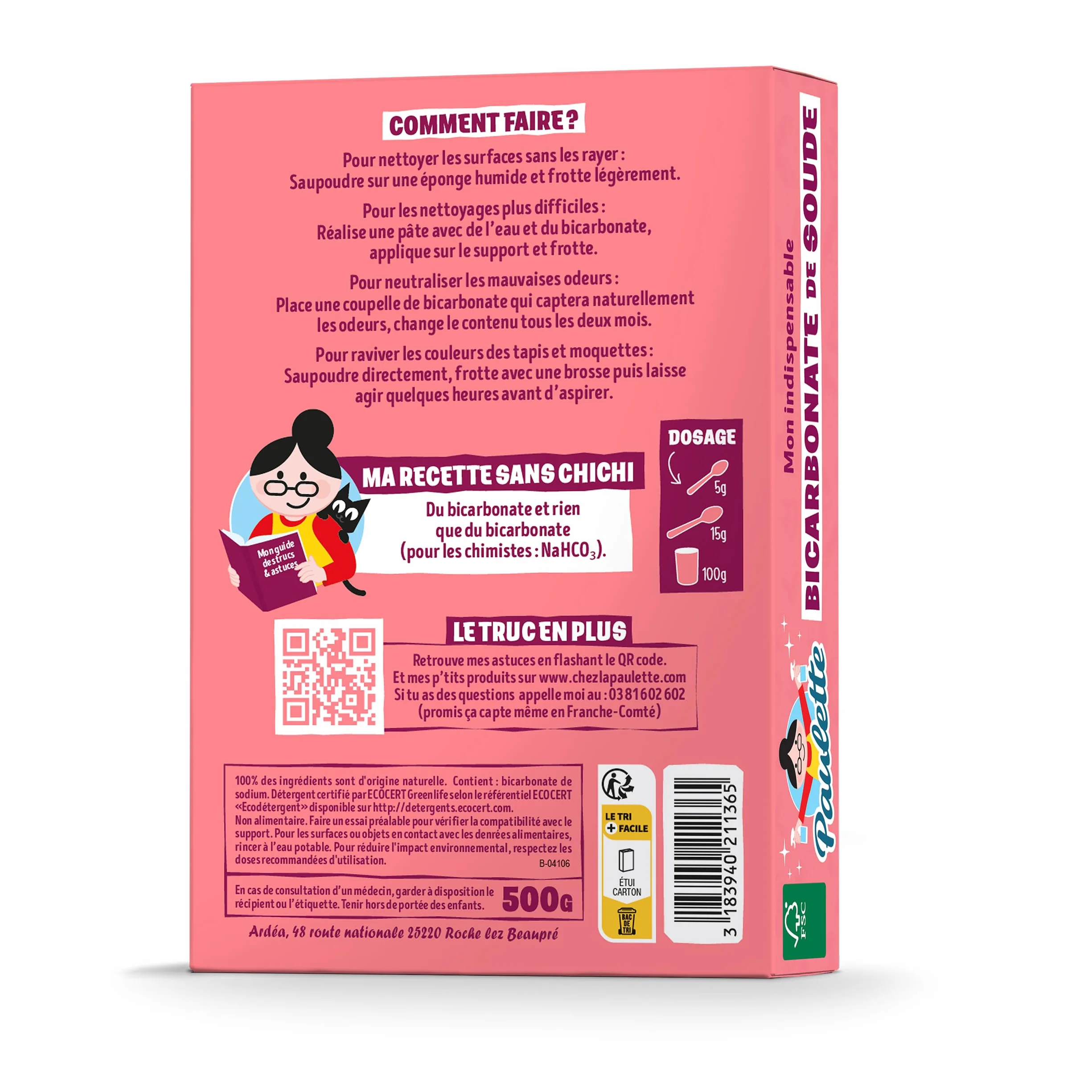 Paulette - Bicarbonate de Soude - Nettoie en Douceur, Ravive les Couleurs, Neutralise les Mauvaises Odeurs - Authentique et Naturel, Ecocert - 500gr