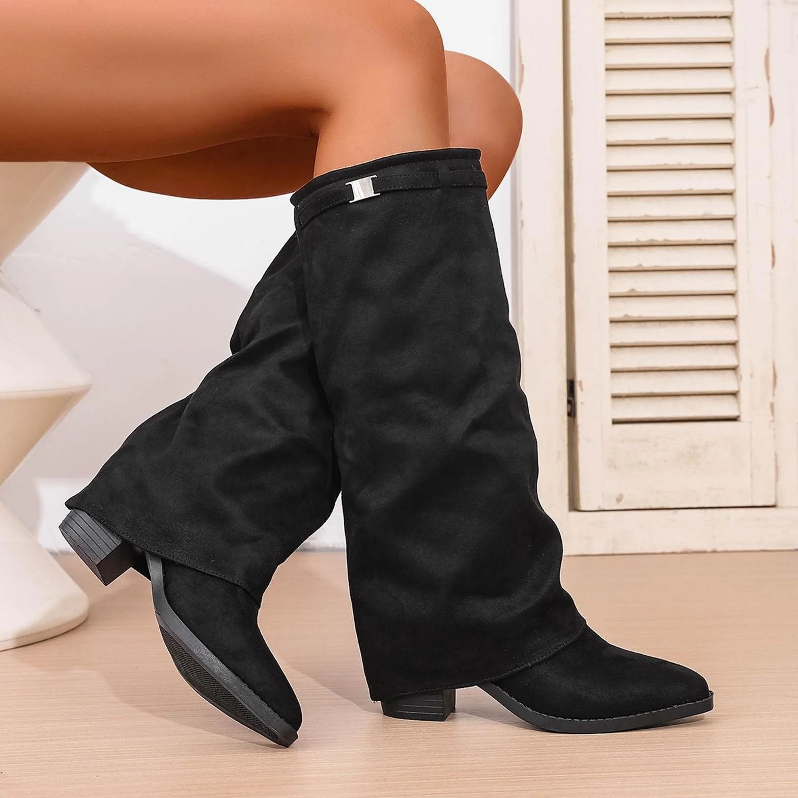 Shark Bottes pour Femme en Cuir Noir - Talon Plateforme Longue Tige Bout Pointu