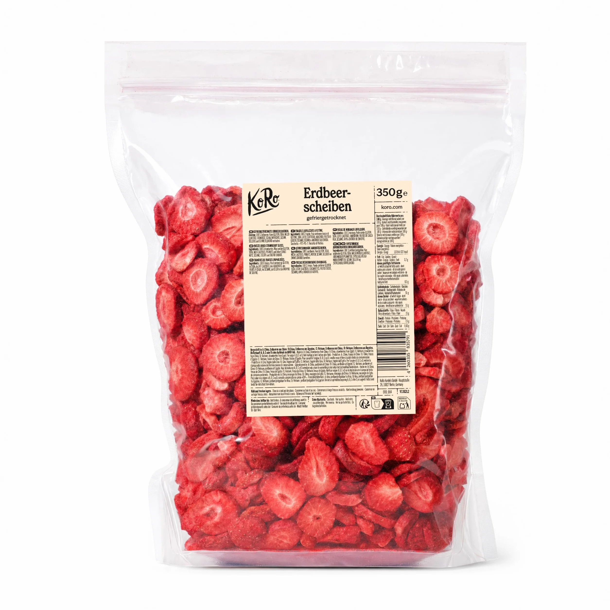 KoRo Fraises Lyophilisées en Tranches 350 g – Fruits Lyophilisés en Douceur, 100 % Naturelles, Sans Sucre ni Additifs, Snack Croquant & Topping Gourmand