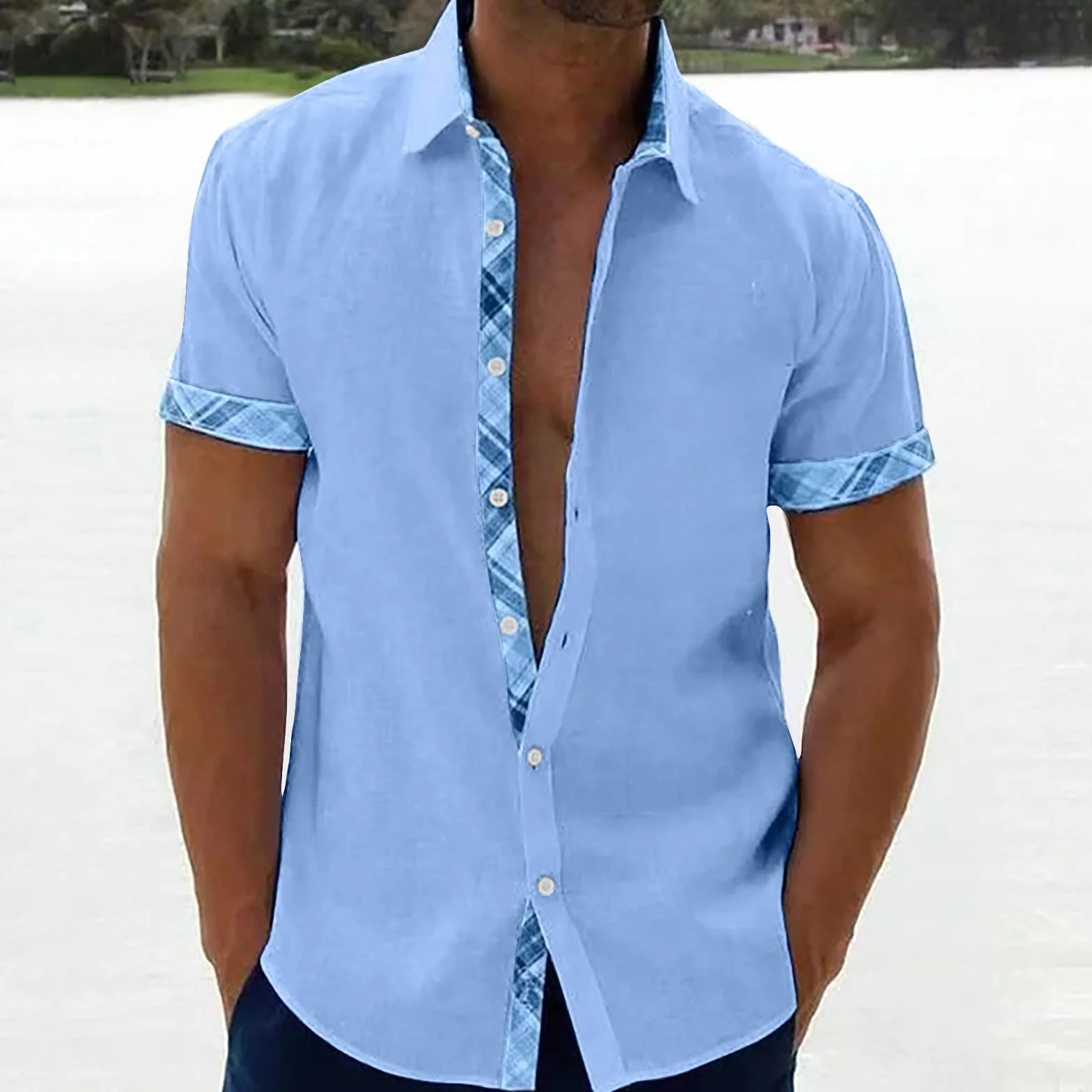 Chemise Homme Cotton Lin Manches Courtes D'Été Col Mao Button Down