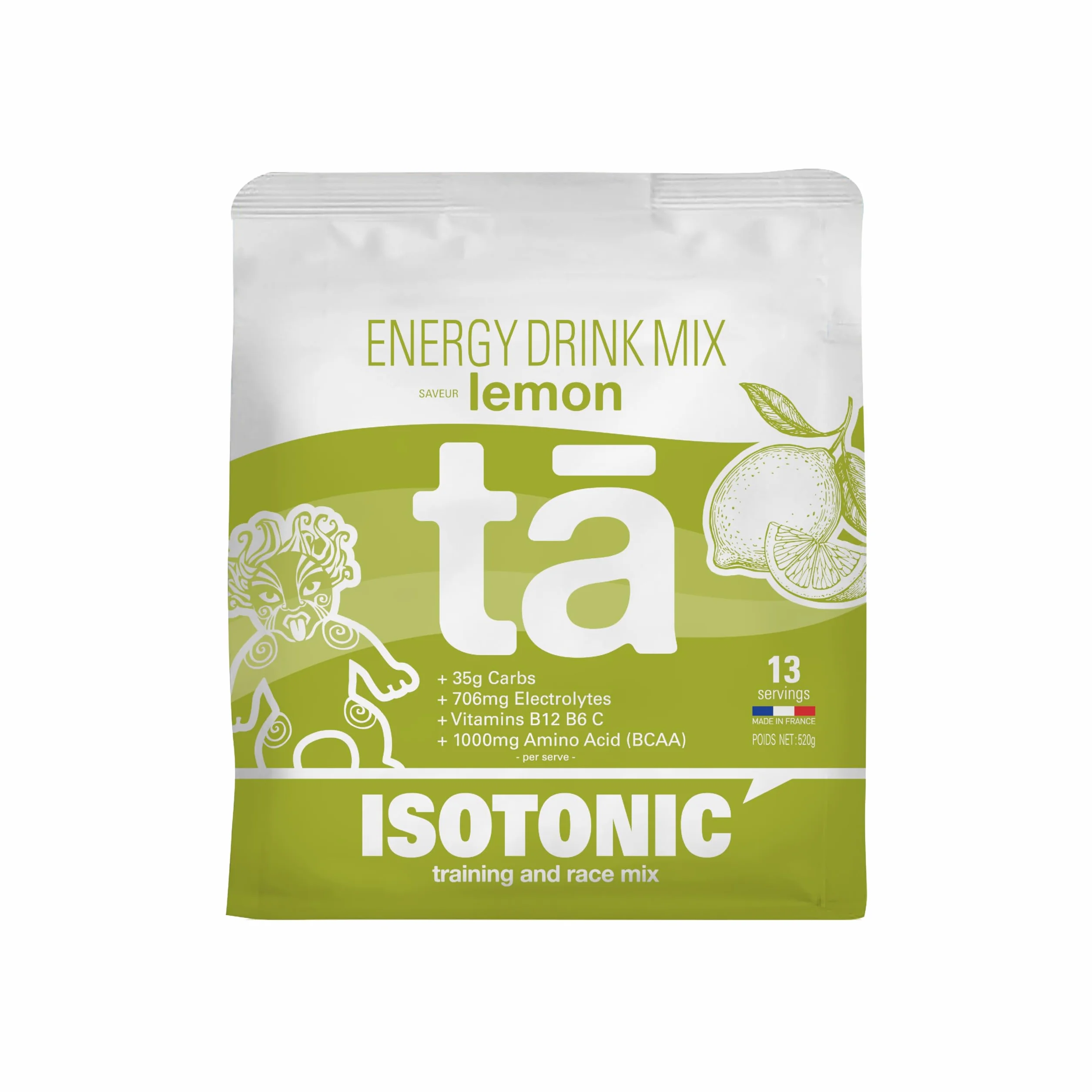 Boisson Énergétique fabriquée en France. Apport en Glucides, Electrolytes (sodium, magnésium, potassium) Vit (C, B6, B12) et BCAA. Sac de 520g soit 13 bidons de 500ml (Citron)