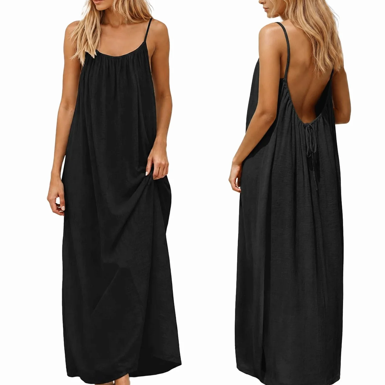 Robe caraco dos nu sans manches d'été 2026 pour femme, longue robe décontractée fluide couleur unie