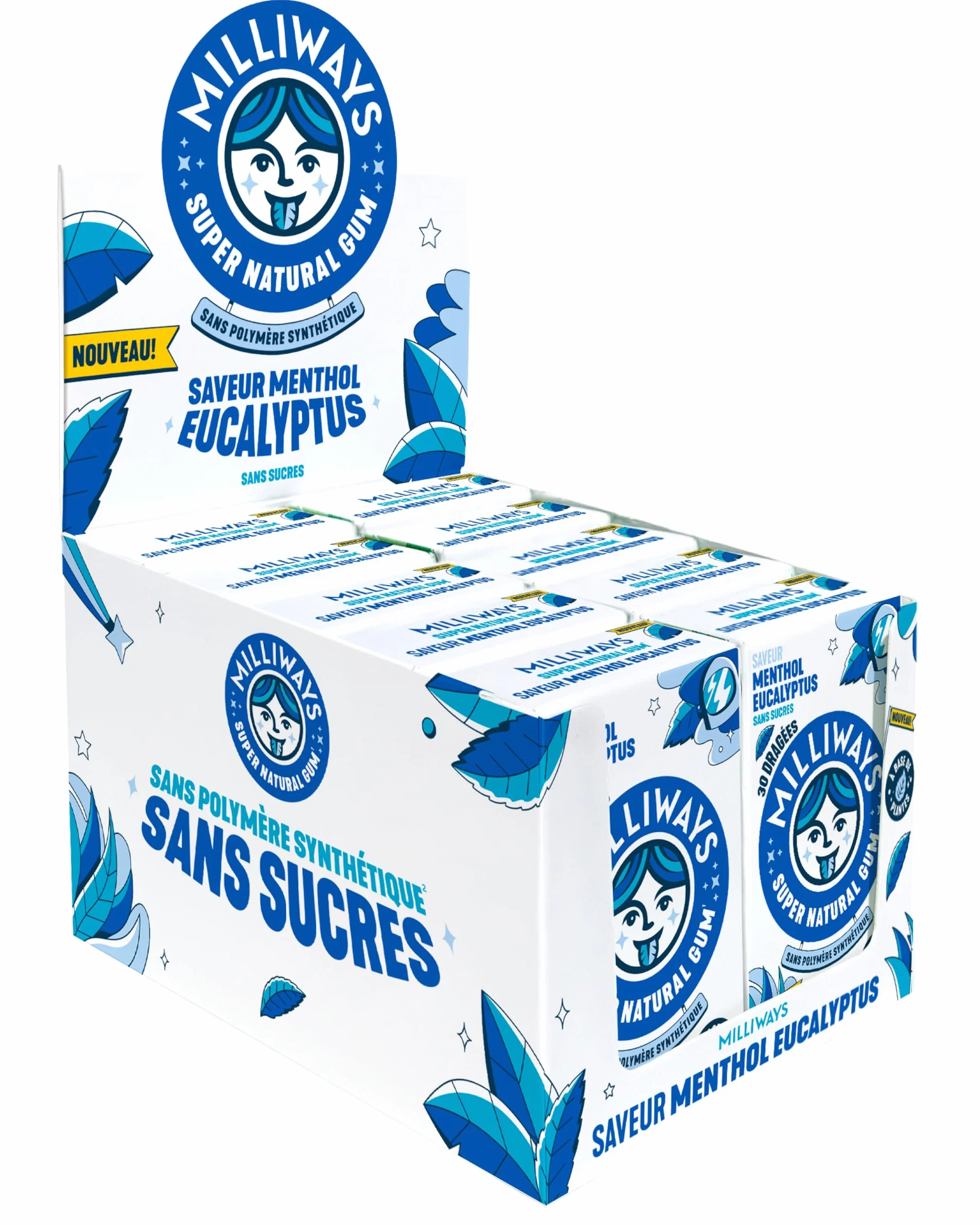 MILLIWAYS - Chewing gum sans sucres avec édulcorants et arôme naturel au goût de menthol eucalyptus 10 boîtes de 30 dragées de 60g- À base de plantes - Avec du Xylitol - Sans aspartame