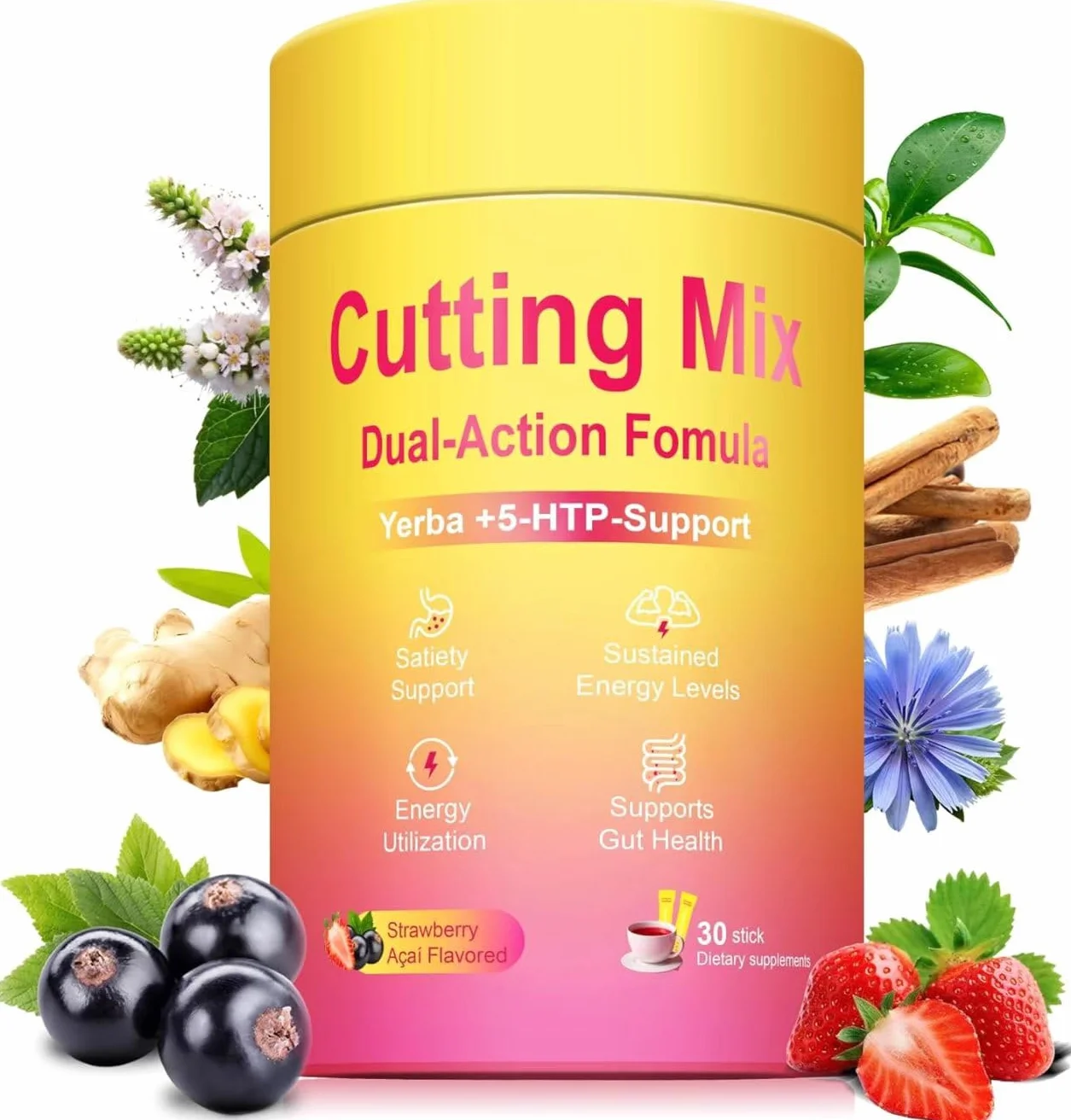 Cutting Mix Drink, Trimtaste Berberine & Yerba Mate Blend, Strawberry Açaí Flavor Daily Wellness Beverage Mix，30 Stick Packs