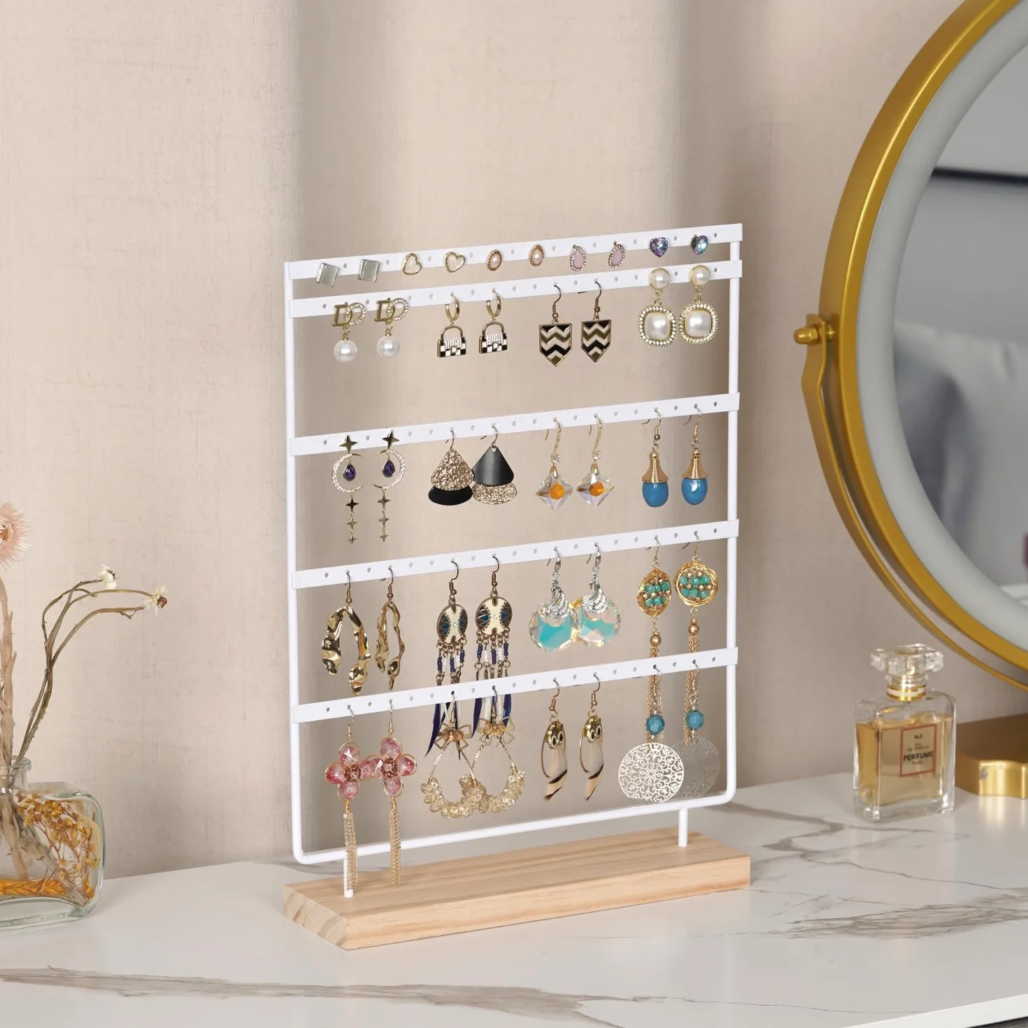 Porte-bijoux 100 trous organisateur boucles d'oreilles métal 5 niveaux base bois 35 x 27 cm blanc