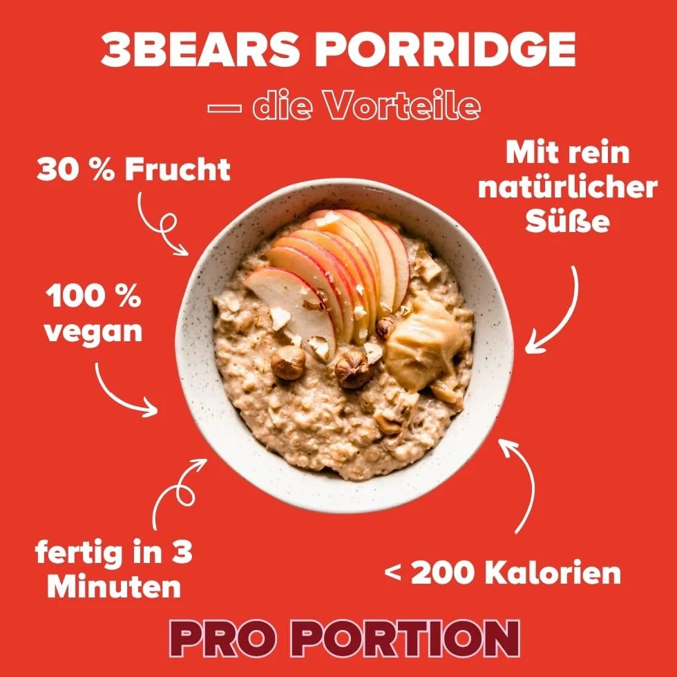 Porridge d'avoine | 3Bears Porridge | Pomme Cannelle - 4 x 400g - Avec de vrais morceaux de fruits | Porridge , Céréales, Oatmeal, Petit Déjeuner Healthy, Sans Sucres Ajoutés, Instantané