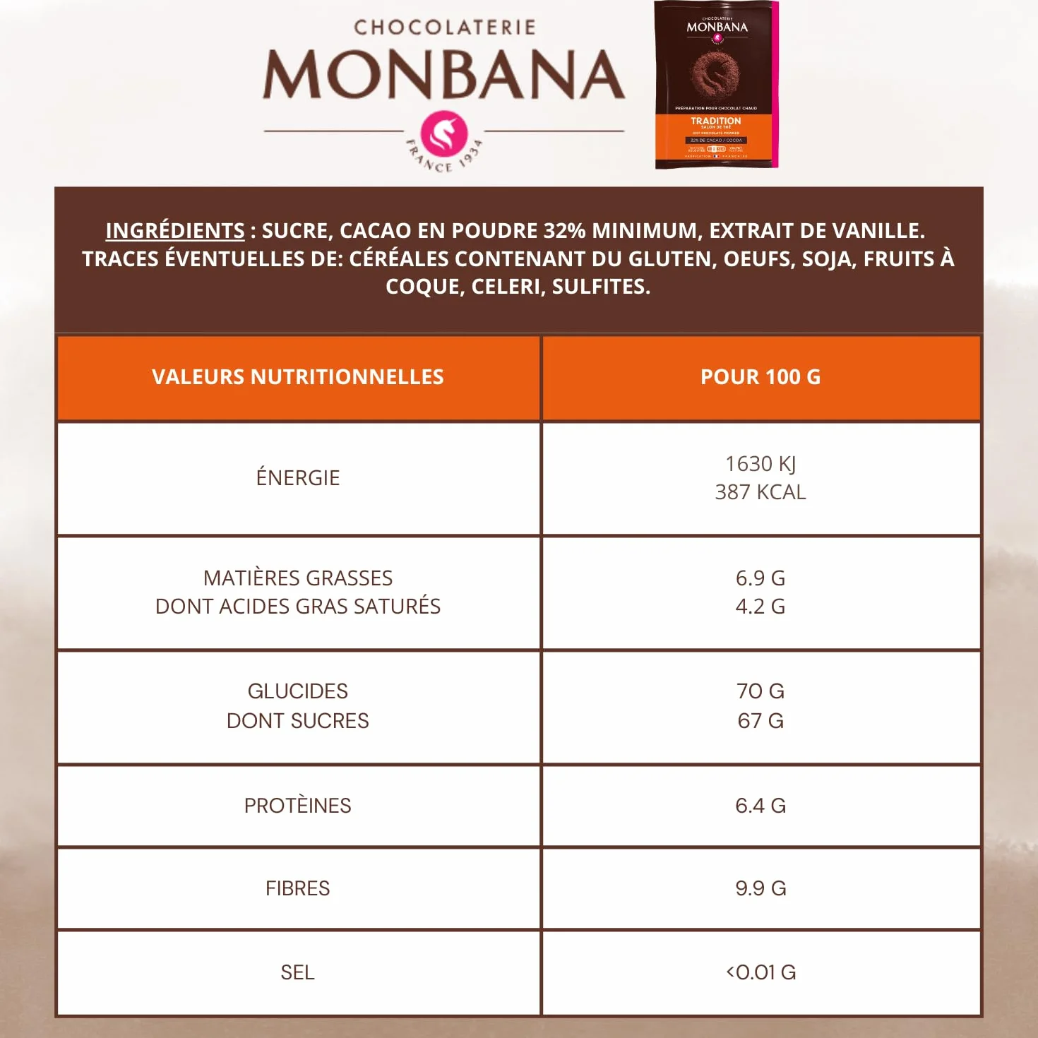 MONBANA | 20 sachets de chocolat TRADITION - SALON DE THÉ | Doses individuelles de 20 g de chocolat en poudre à déguster tout au long de la journée