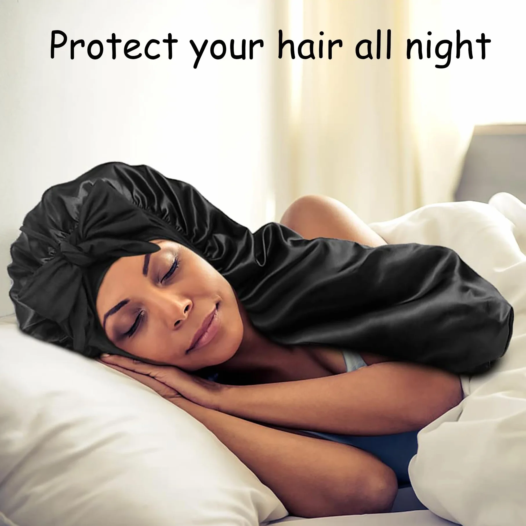 Bonnet en Satin Long Bonnet de Nuit Bande Élastique Douce pour Cheveux Longs et Bouclés