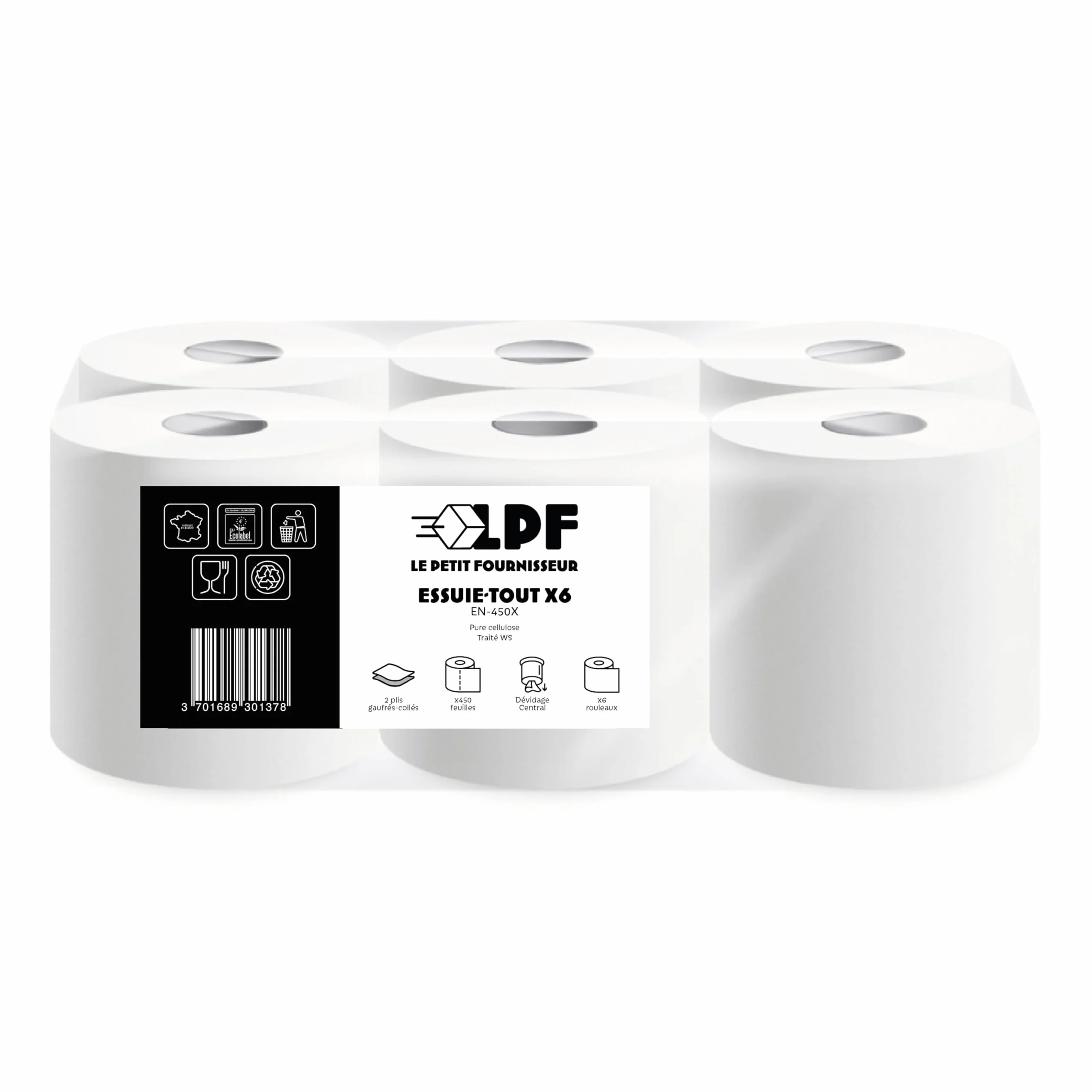 LPF LE PETIT FOURNISSEUR – Essuie-Tout Professionnel Dévidage Central – 450 Feuilles 18x18cm – Double Épaisseur Pure Ouate – Absorbant & Résistant – Contact Alimentaire – Made in France – Lot de 6
